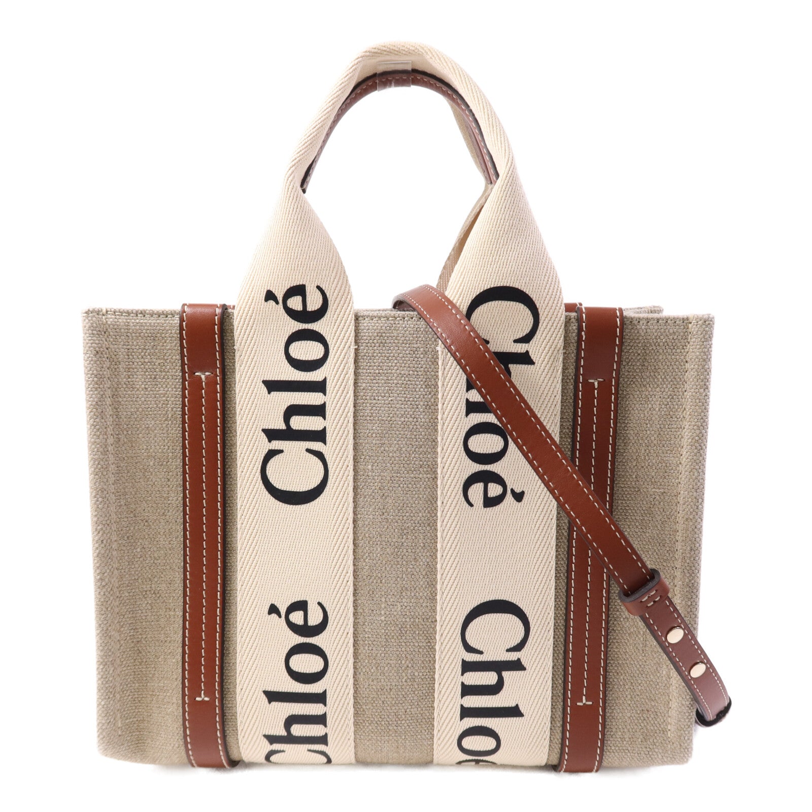 Chloe 帆布/牛皮皮革Woody Small銀扣手挽肩背兩用袋