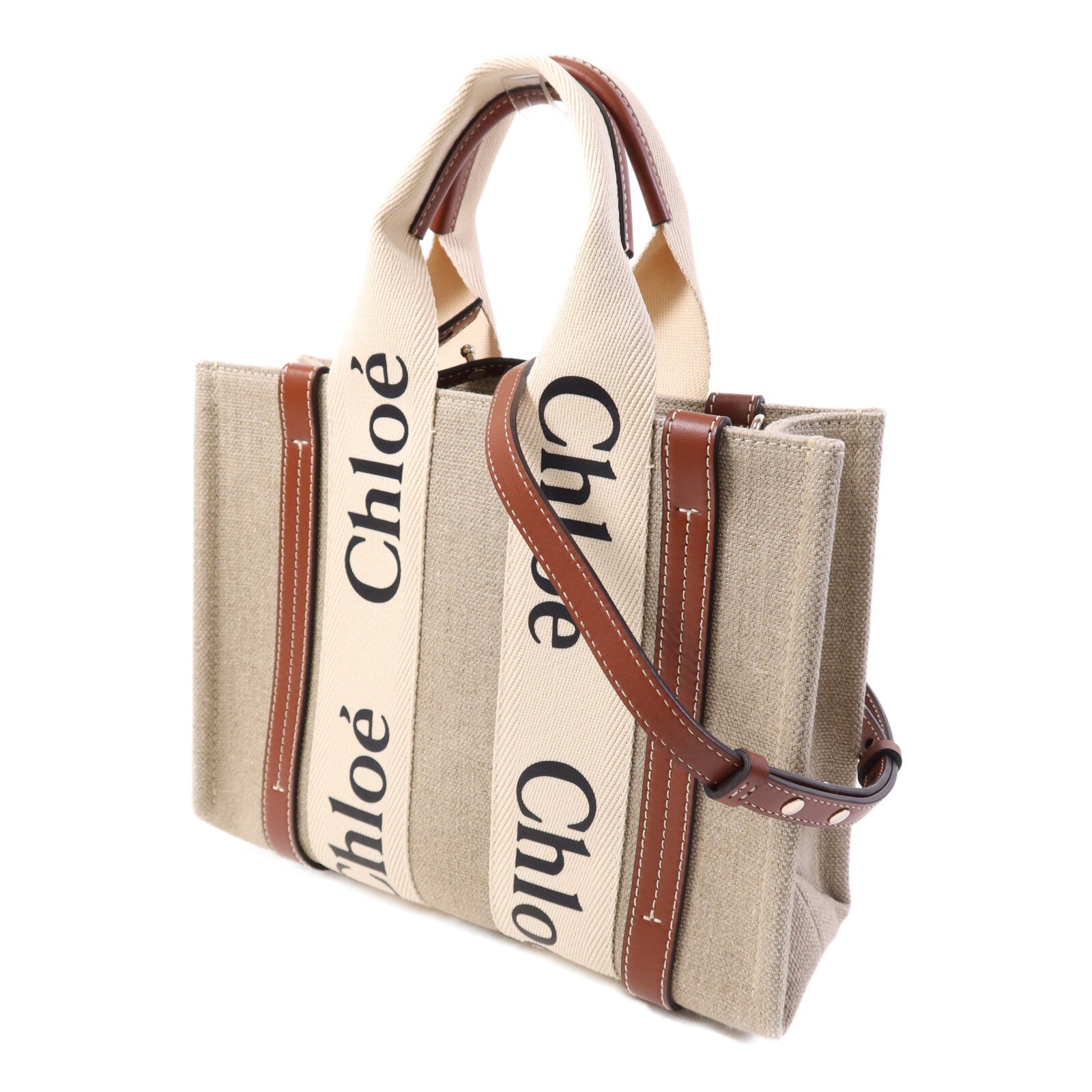 Chloe 帆布/牛皮皮革Woody Small銀扣手挽肩背兩用袋