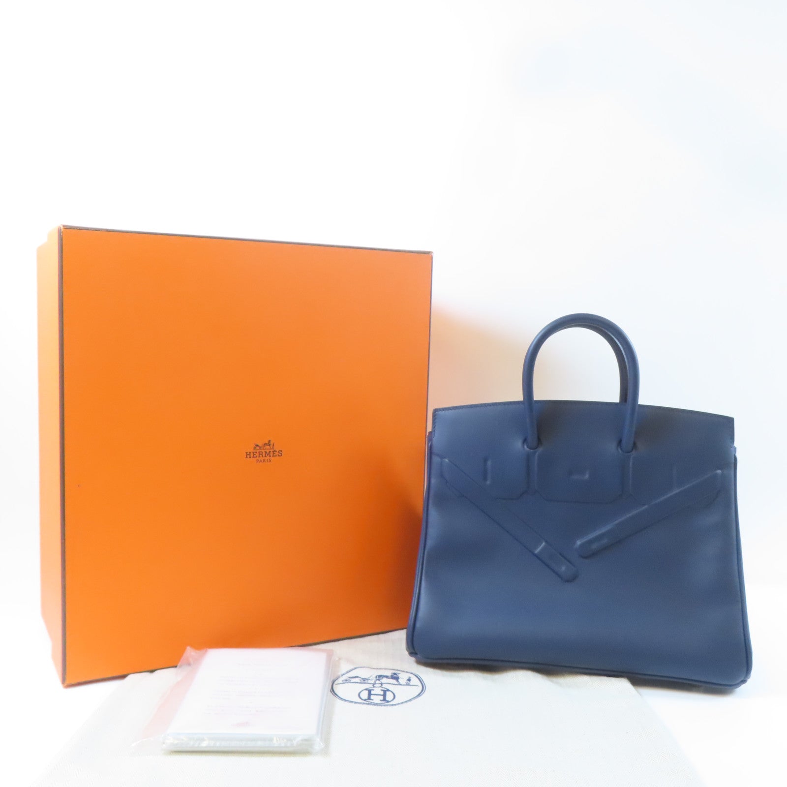 HERMES 【激減優惠】Swift皮革Birkin 25 Shadow銀扣手挽袋深藍色