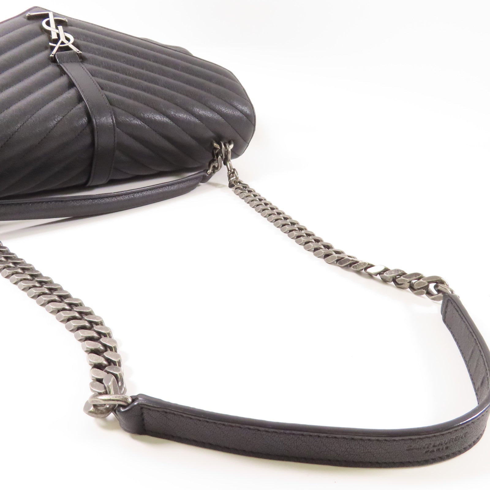 SAINT LAURENT 斜紋牛皮皮革Shoulder Bag銀扣鏈帶手挽肩背兩用袋黑色