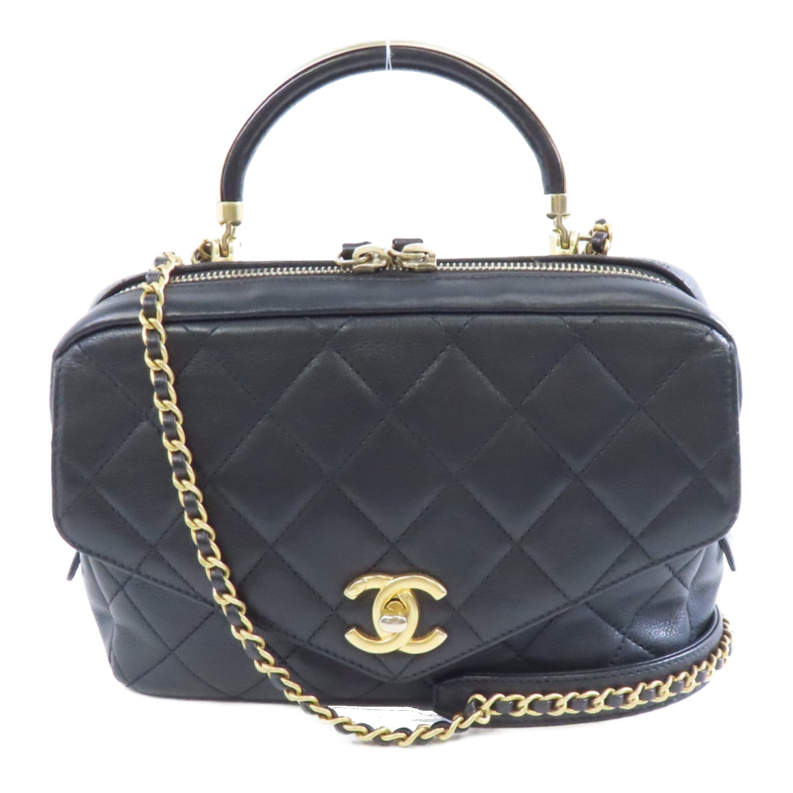 CHANEL 菱格羊皮皮革2way Shoulder Bag金扣手挽肩背兩用袋黑色