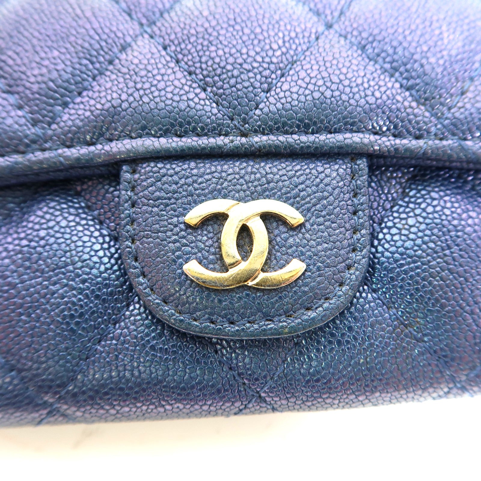 CHANEL 菱格Caviar皮革Card Case金扣卡片套藍色