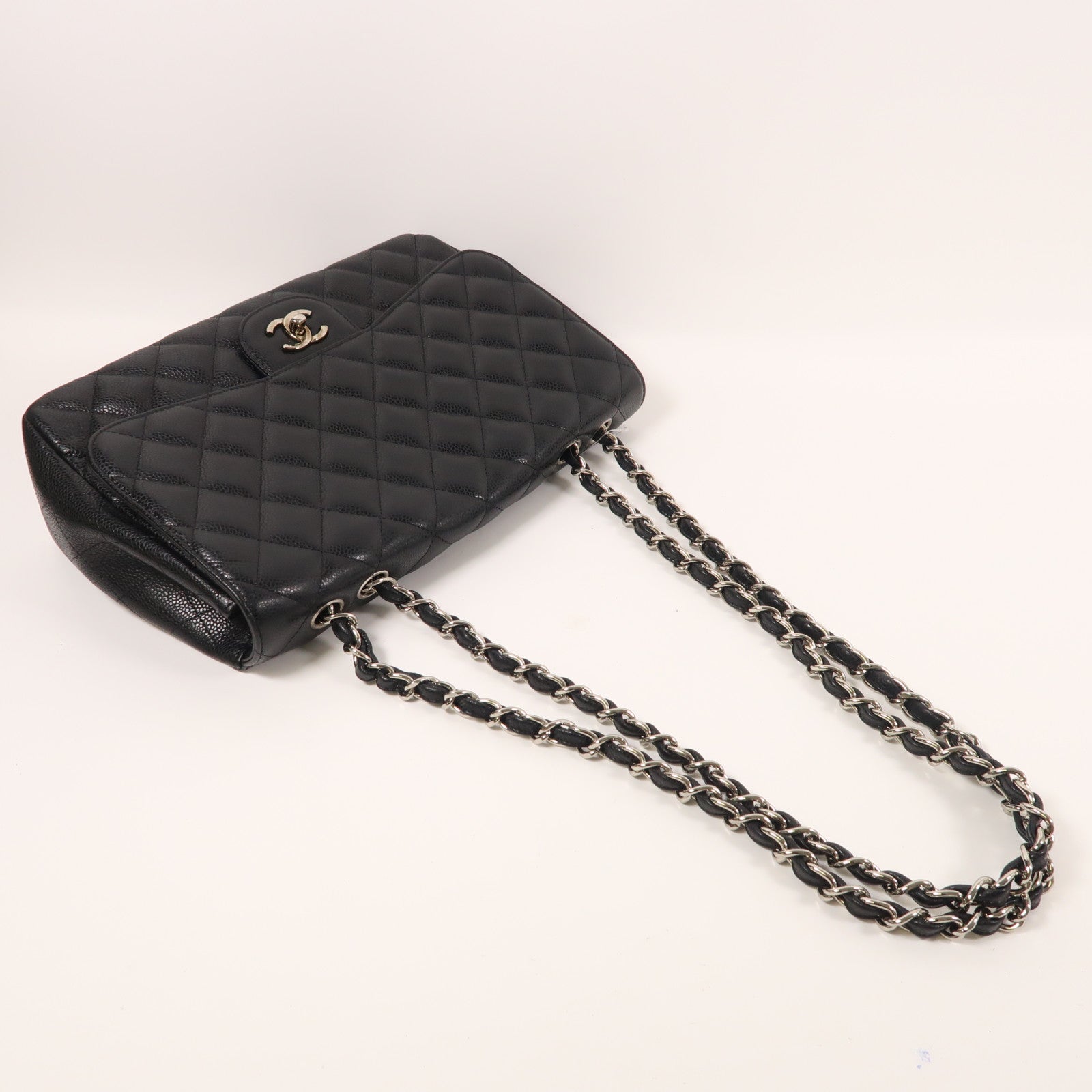 CHANEL 牛皮皮革Large Classic銀扣鏈帶肩背袋