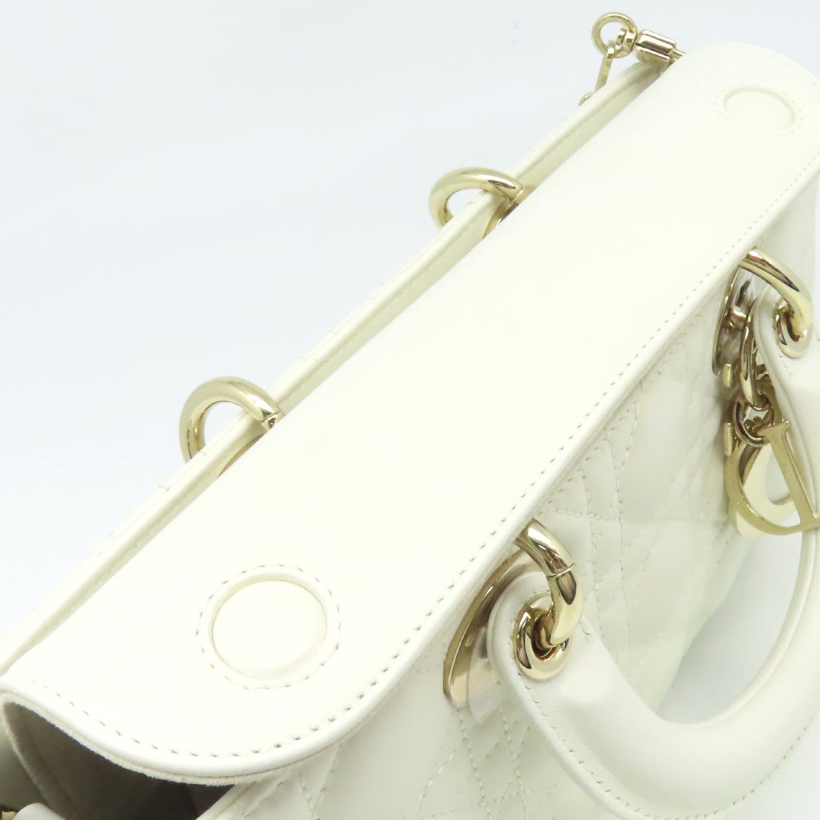 Dior 羊皮皮革Lady D-Joy 2Way Shoulder Bag金扣手挽肩背兩用袋米白色