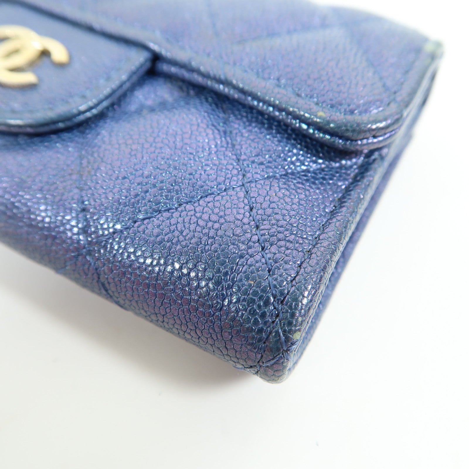 CHANEL 菱格Caviar皮革Card Case金扣卡片套藍色