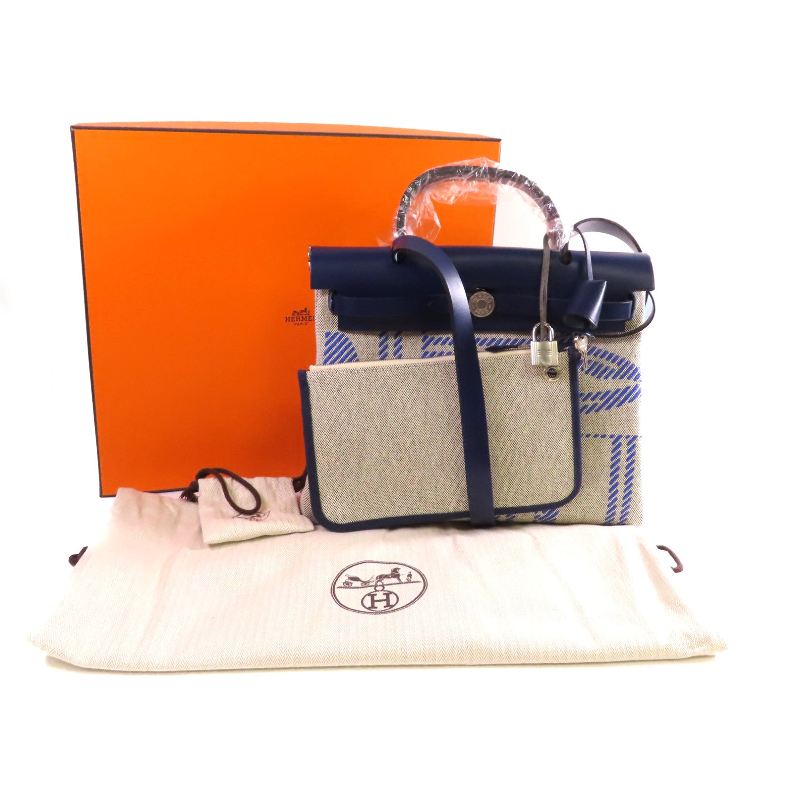 HERMES Brides De Gala Toile H帆布Herbag Zip Retourne PM銀扣手挽肩背兩用袋寶藍色/白色