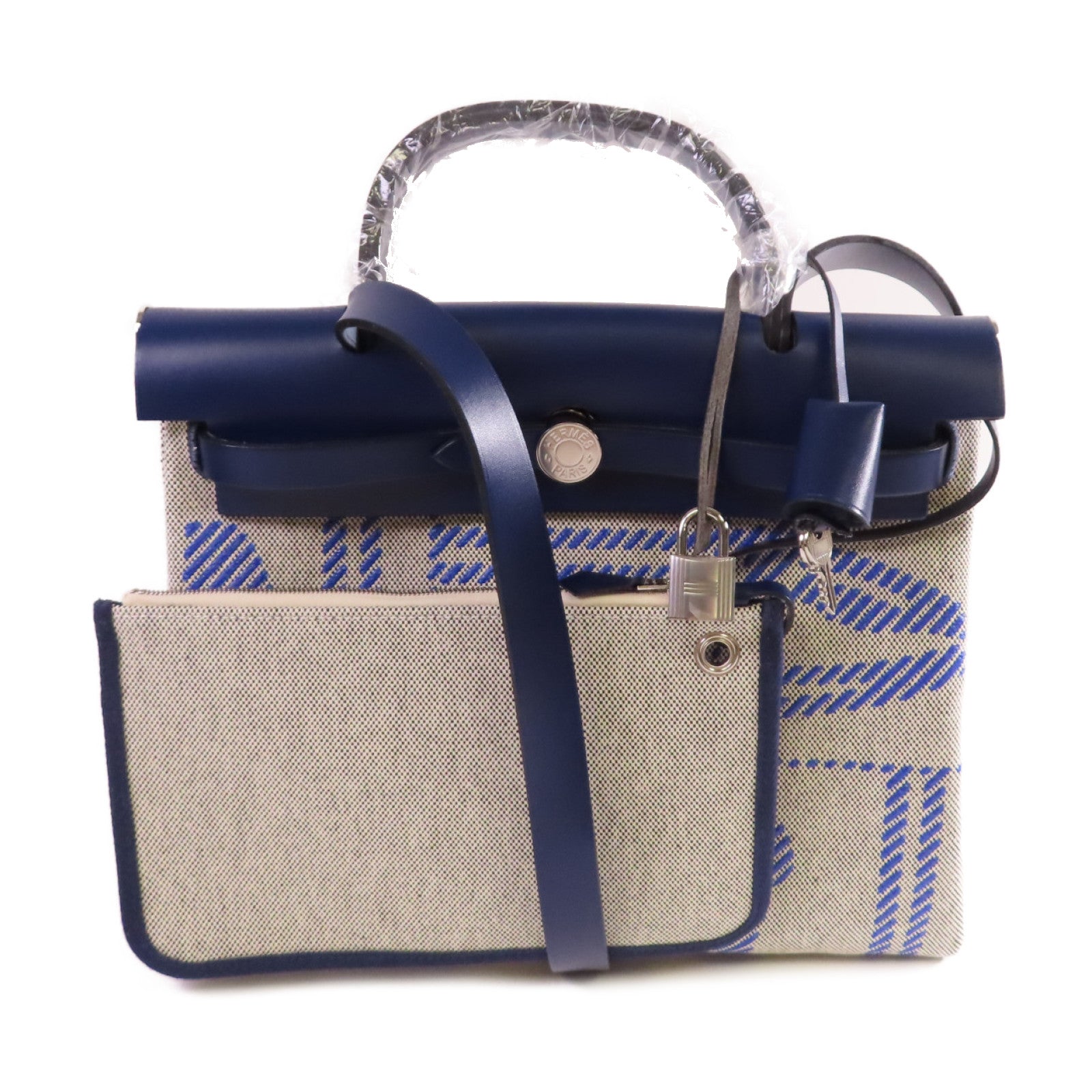 HERMES Brides De Gala Toile H帆布Herbag Zip Retourne PM銀扣手挽肩背兩用袋寶藍色/白色