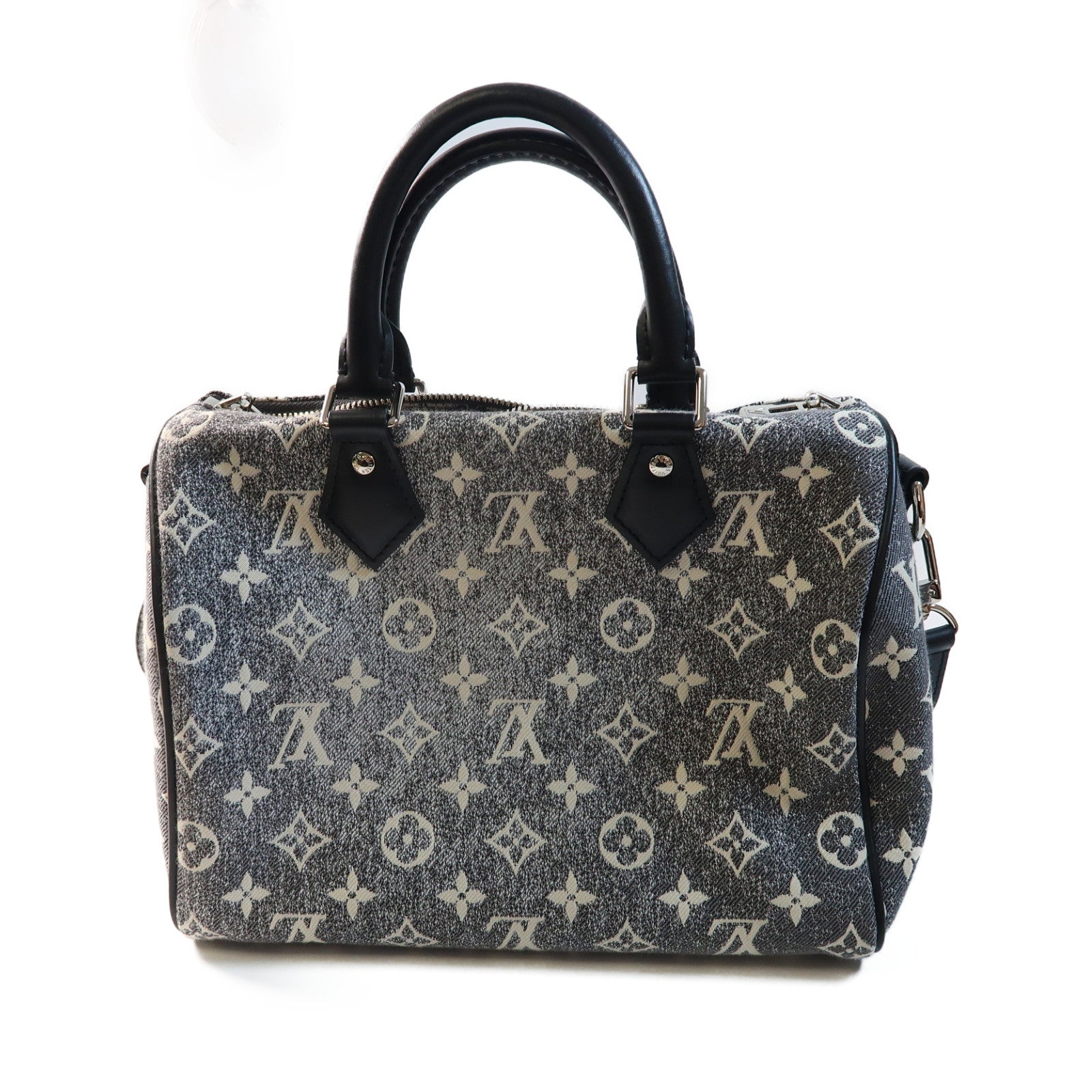 LOUIS VUITTON Monogram Jacquard Denim Speedy Bandouliere 25銀扣手挽肩背兩用袋灰色
