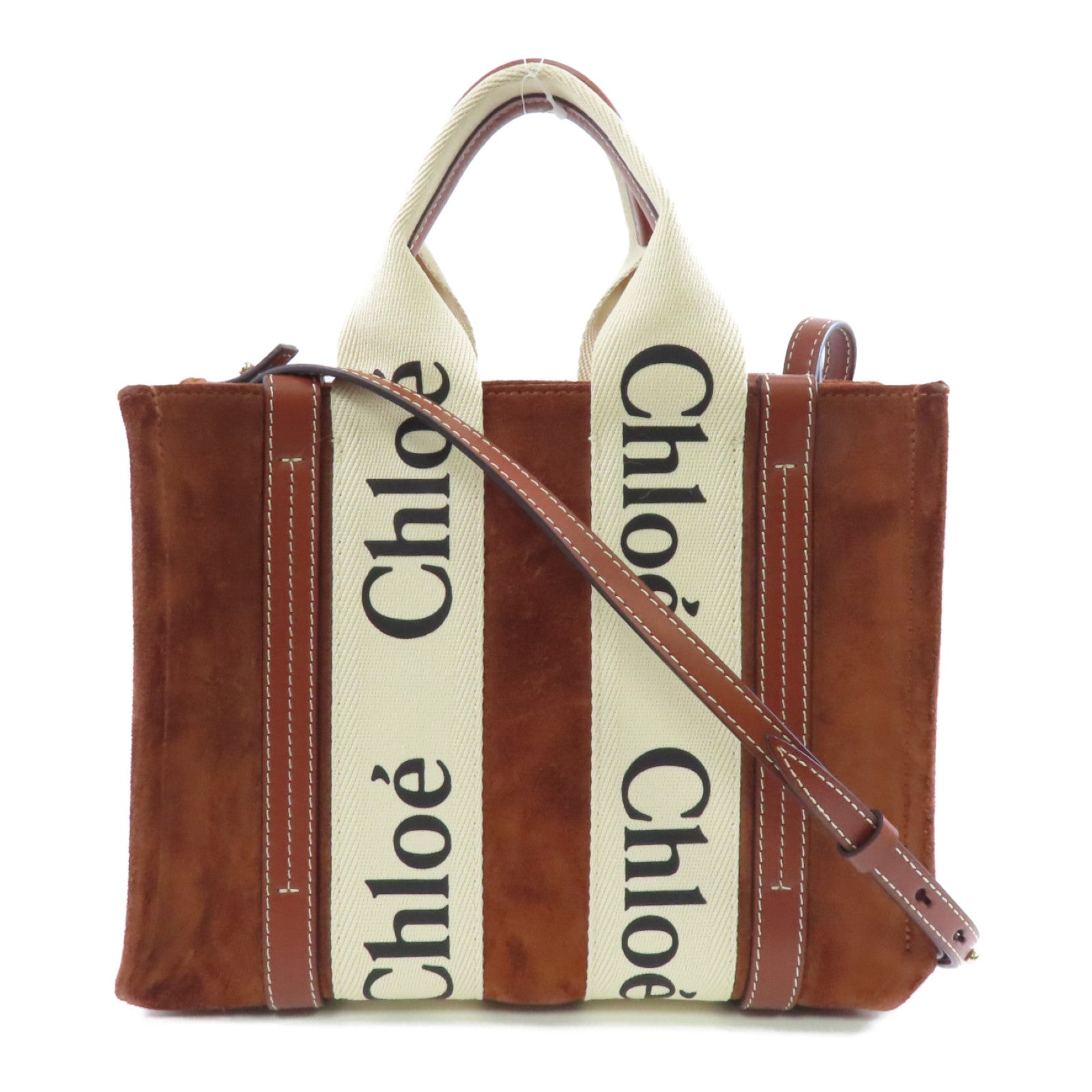 Chloe 麂皮皮革Woody Mini金扣手挽肩背兩用袋棕色