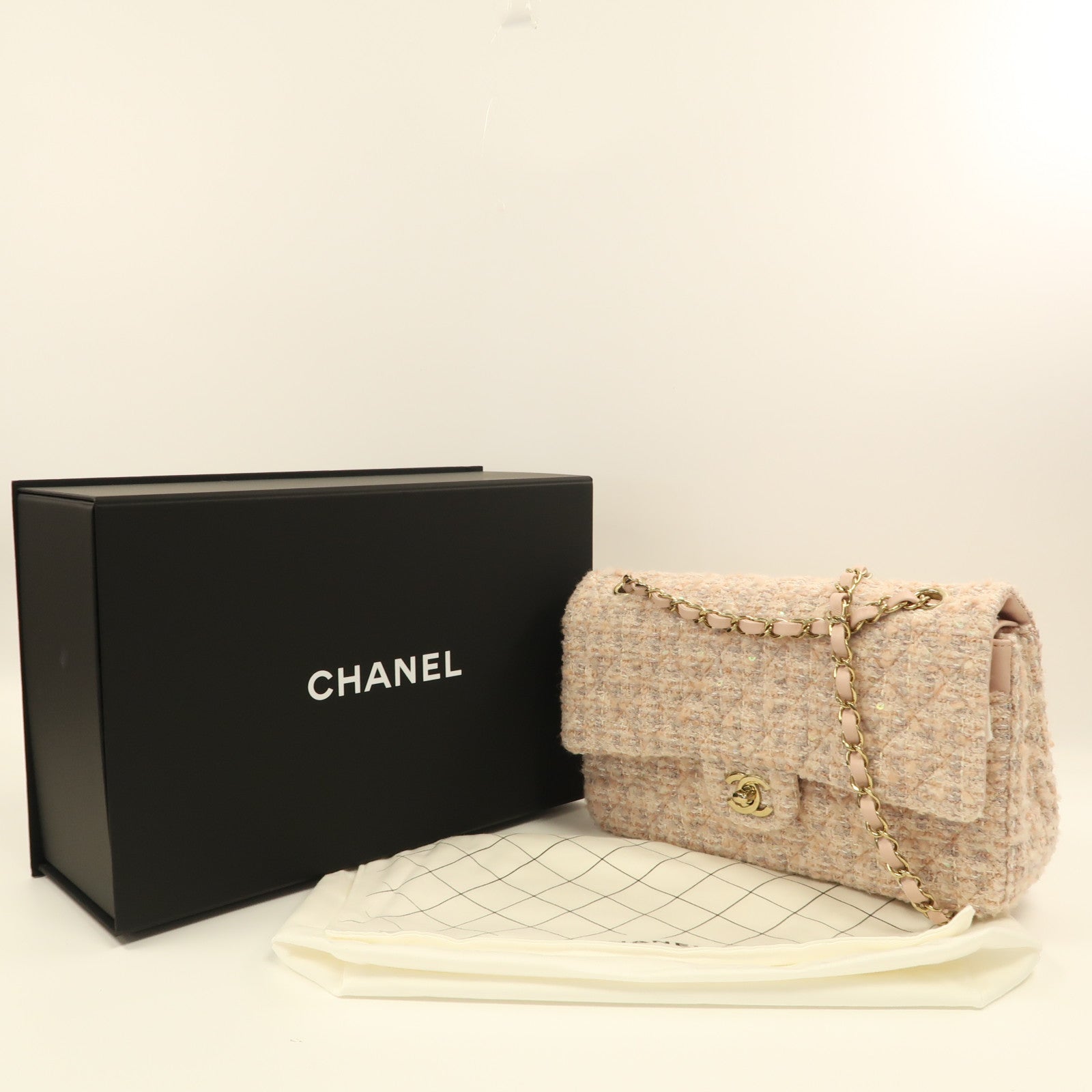 CHANEL 斜紋軟呢Classic 25金扣鏈帶肩背袋粉紅色