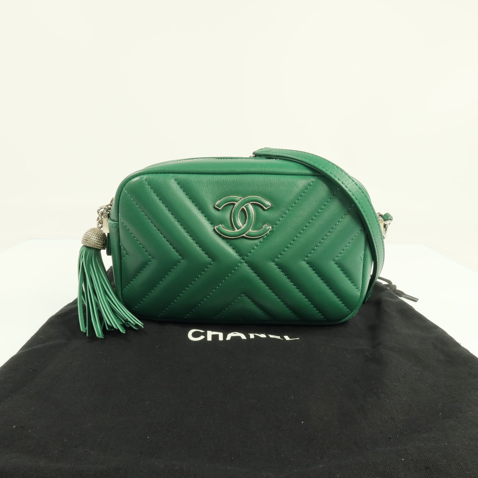 CHANEL 羊皮皮革Camera Bag銀扣鏈帶肩背袋