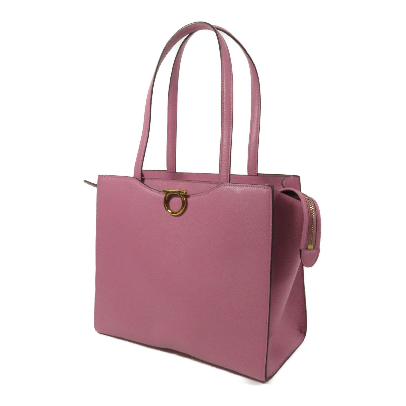 SALVATORE FERRAGAMO GHW Gancini Rounded Tote Bag Calfskin Leather Pink