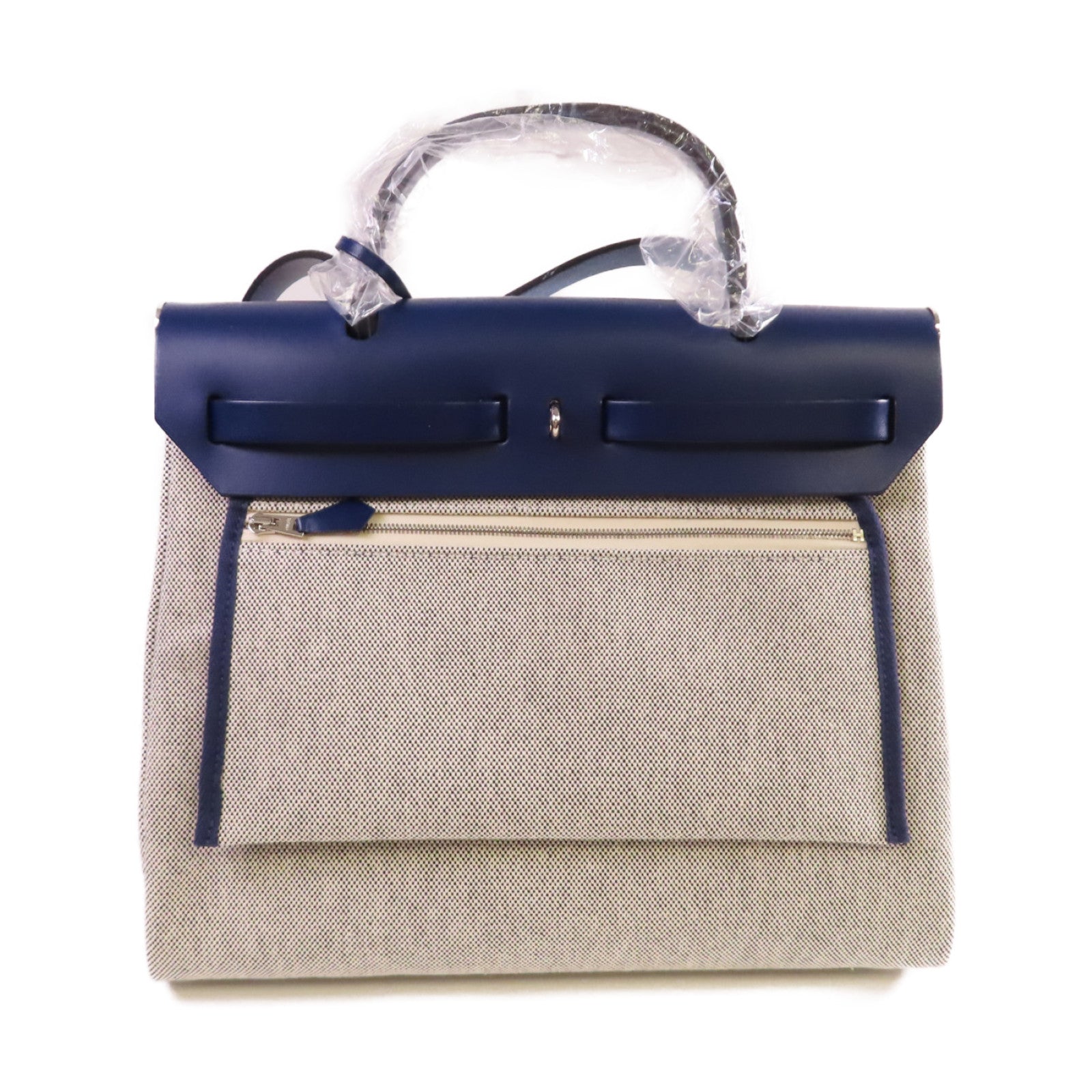 HERMES Brides De Gala Toile H帆布Herbag Zip Retourne PM銀扣手挽肩背兩用袋寶藍色/白色