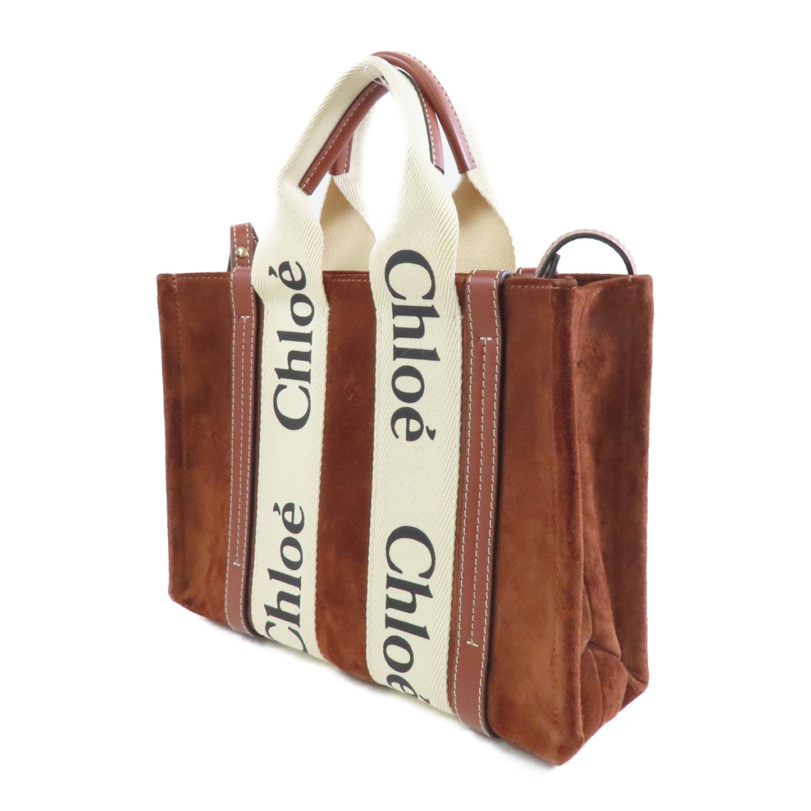 Chloe 麂皮皮革Woody Mini金扣手挽肩背兩用袋棕色