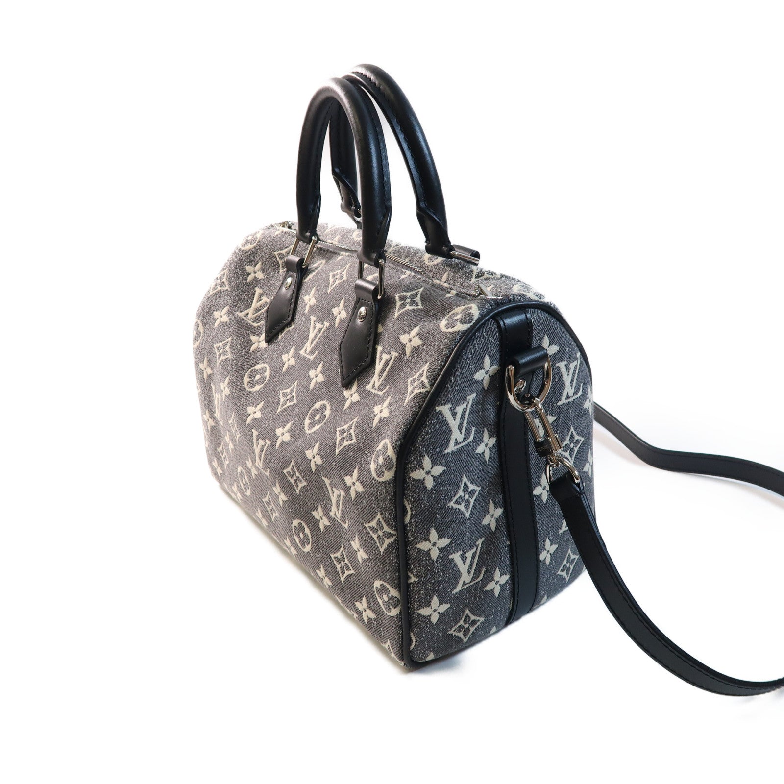 LOUIS VUITTON Monogram Jacquard Denim Speedy Bandouliere 25銀扣手挽肩背兩用袋灰色
