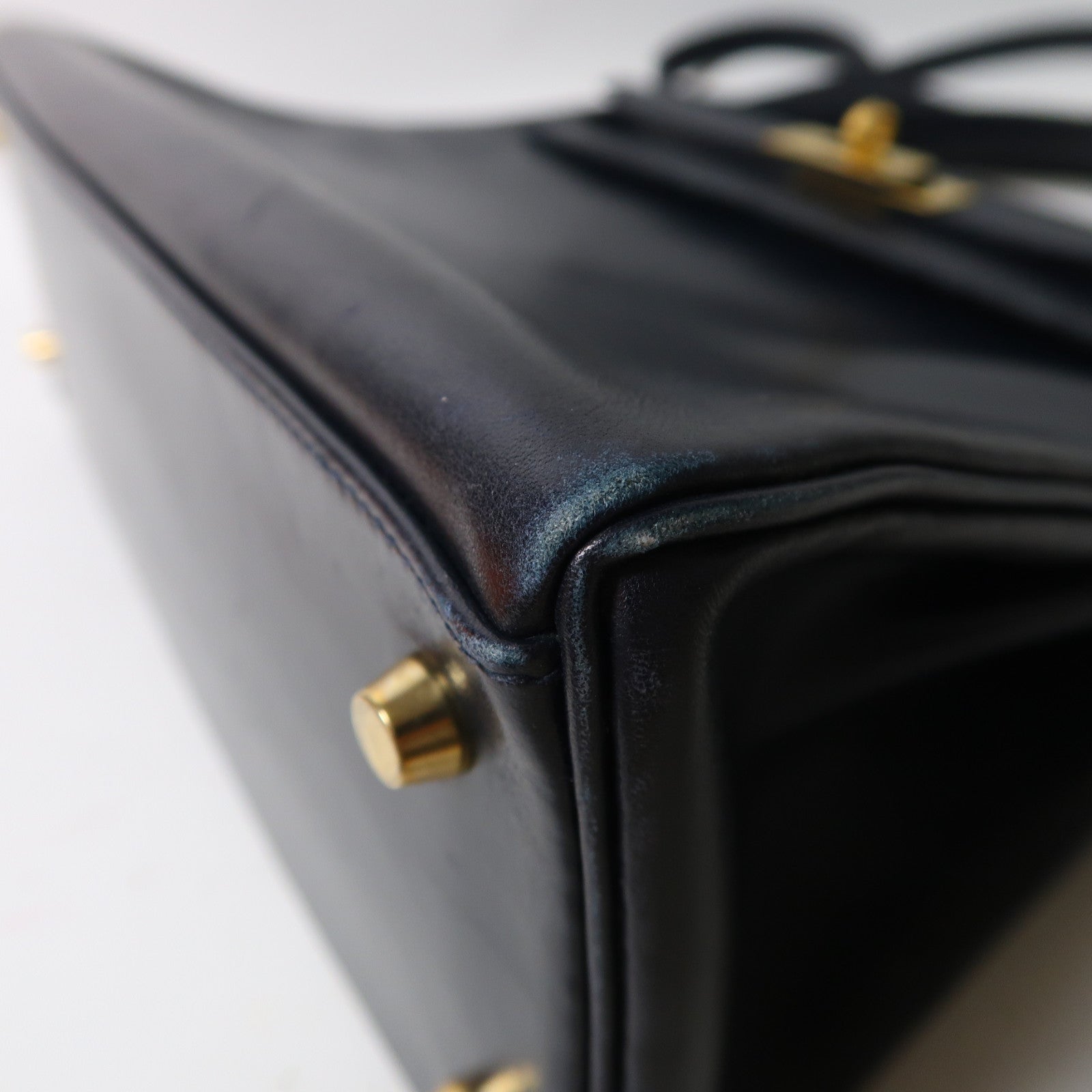HERMES Box Calf皮革Kelly 32金釦手挽肩背兩用袋深藍色