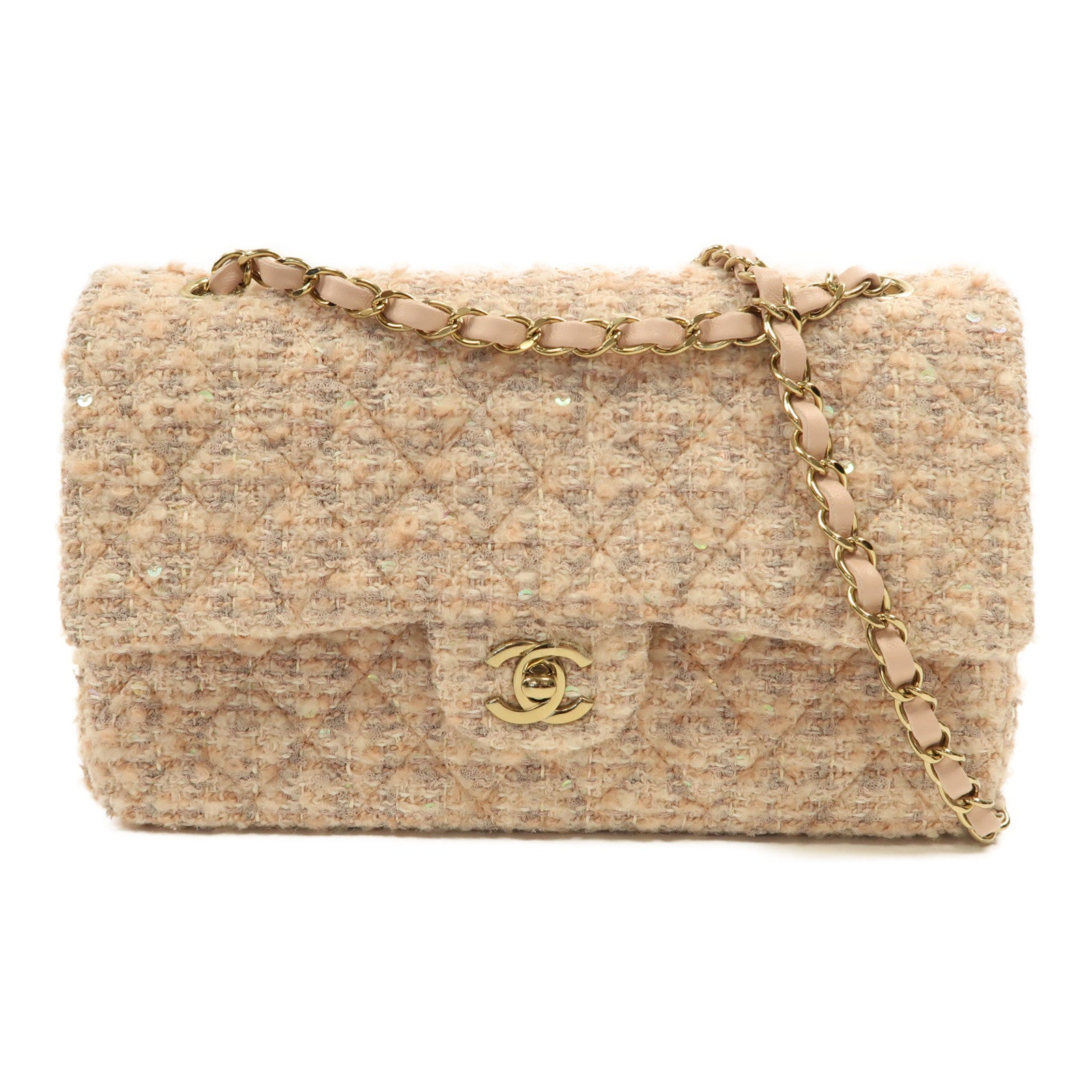CHANEL 斜紋軟呢Classic 25金扣鏈帶肩背袋粉紅色