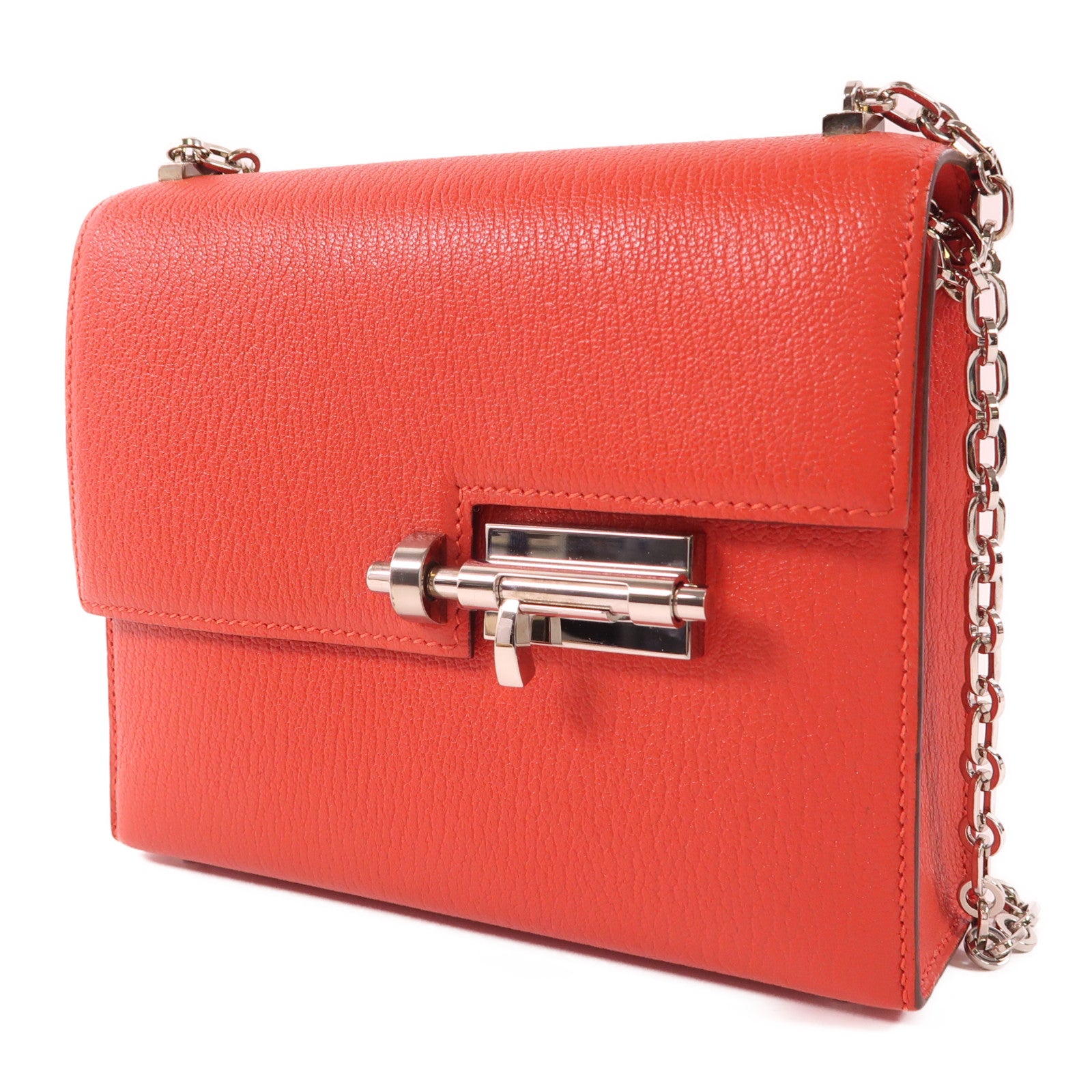 HERMES 【激減優惠】Chevre皮革Verrou Mini銀扣鏈帶肩背袋Rouge Tomate