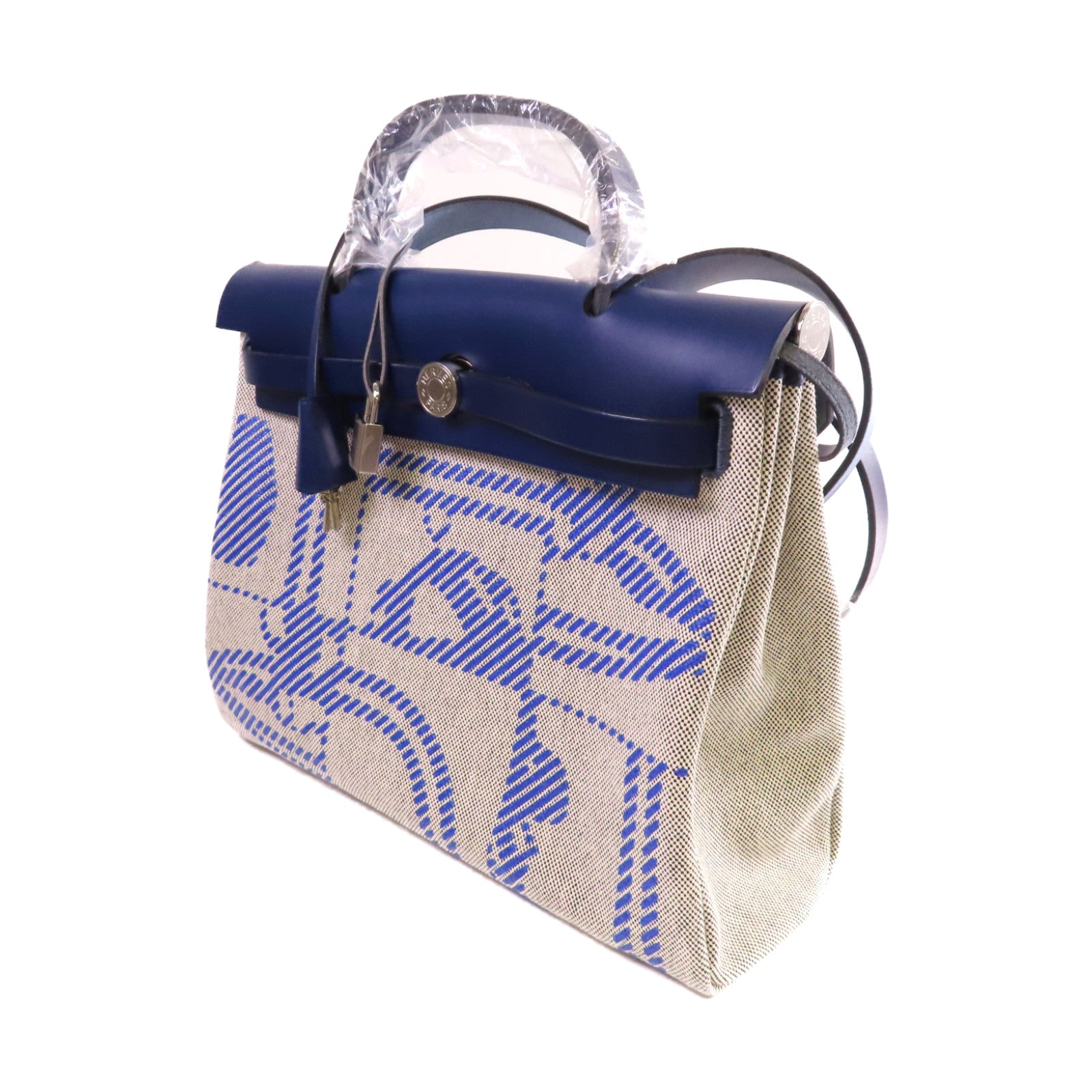 HERMES Brides De Gala Toile H帆布Herbag Zip Retourne PM銀扣手挽肩背兩用袋寶藍色/白色