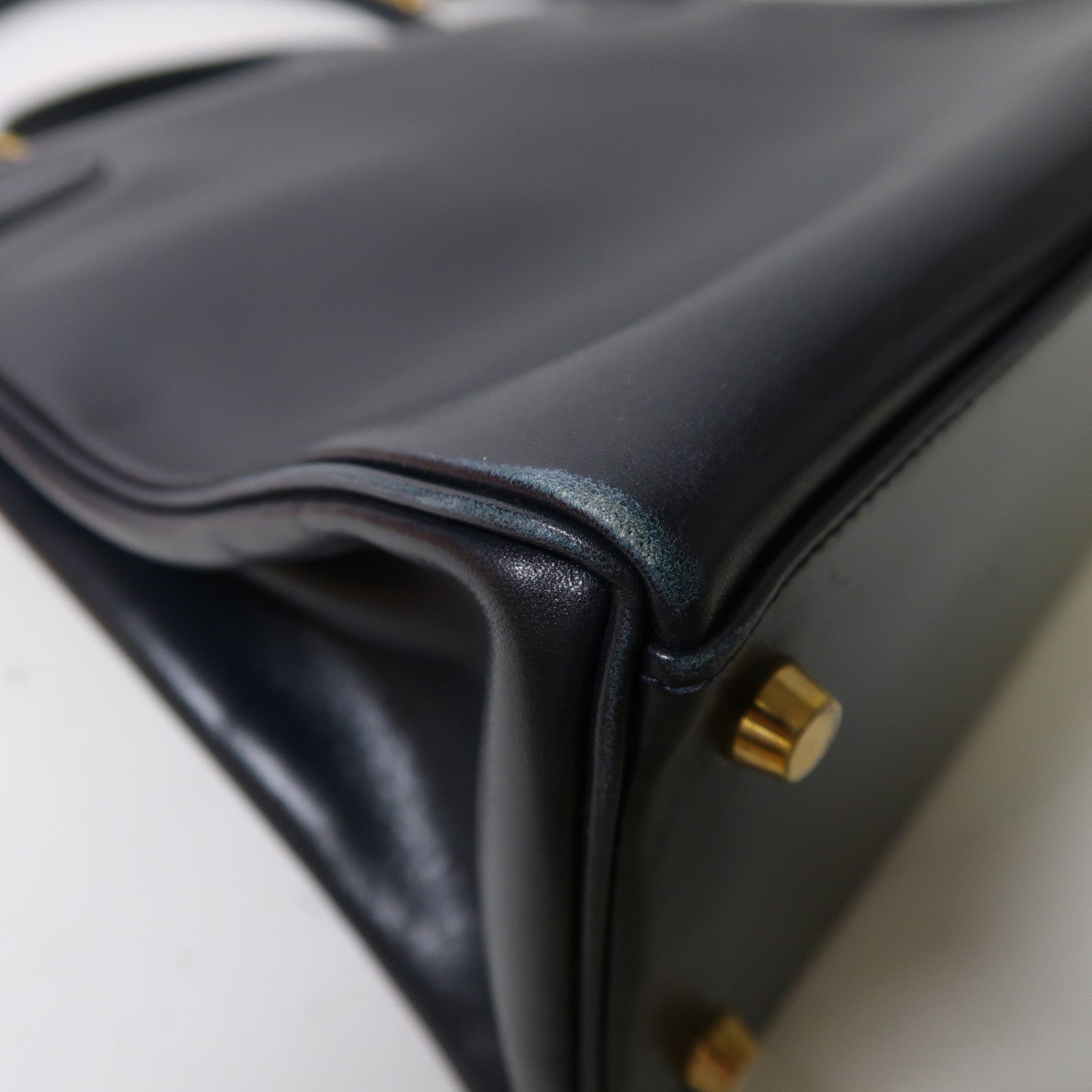 HERMES Box Calf皮革Kelly 32金釦手挽肩背兩用袋深藍色