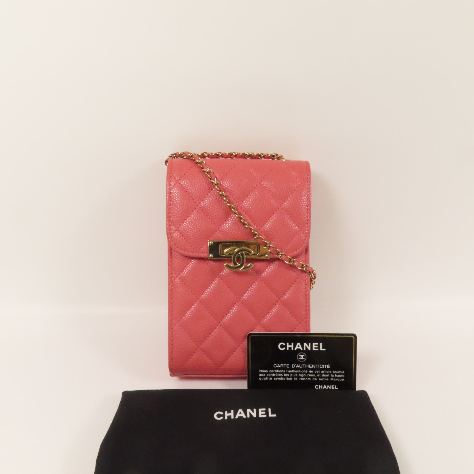CHANEL 牛皮皮革Phone Bag金扣鏈帶肩背袋