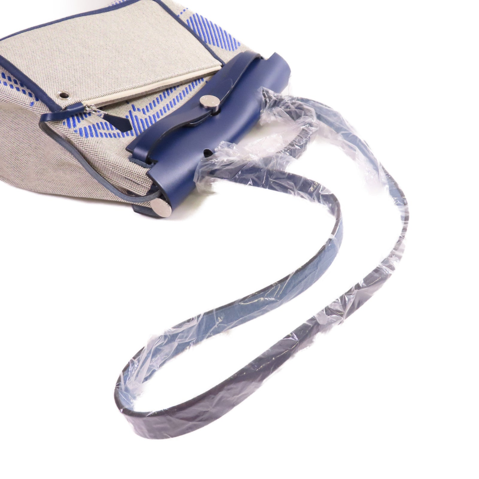 HERMES Brides De Gala Toile H帆布Herbag Zip Retourne PM銀扣手挽肩背兩用袋寶藍色/白色