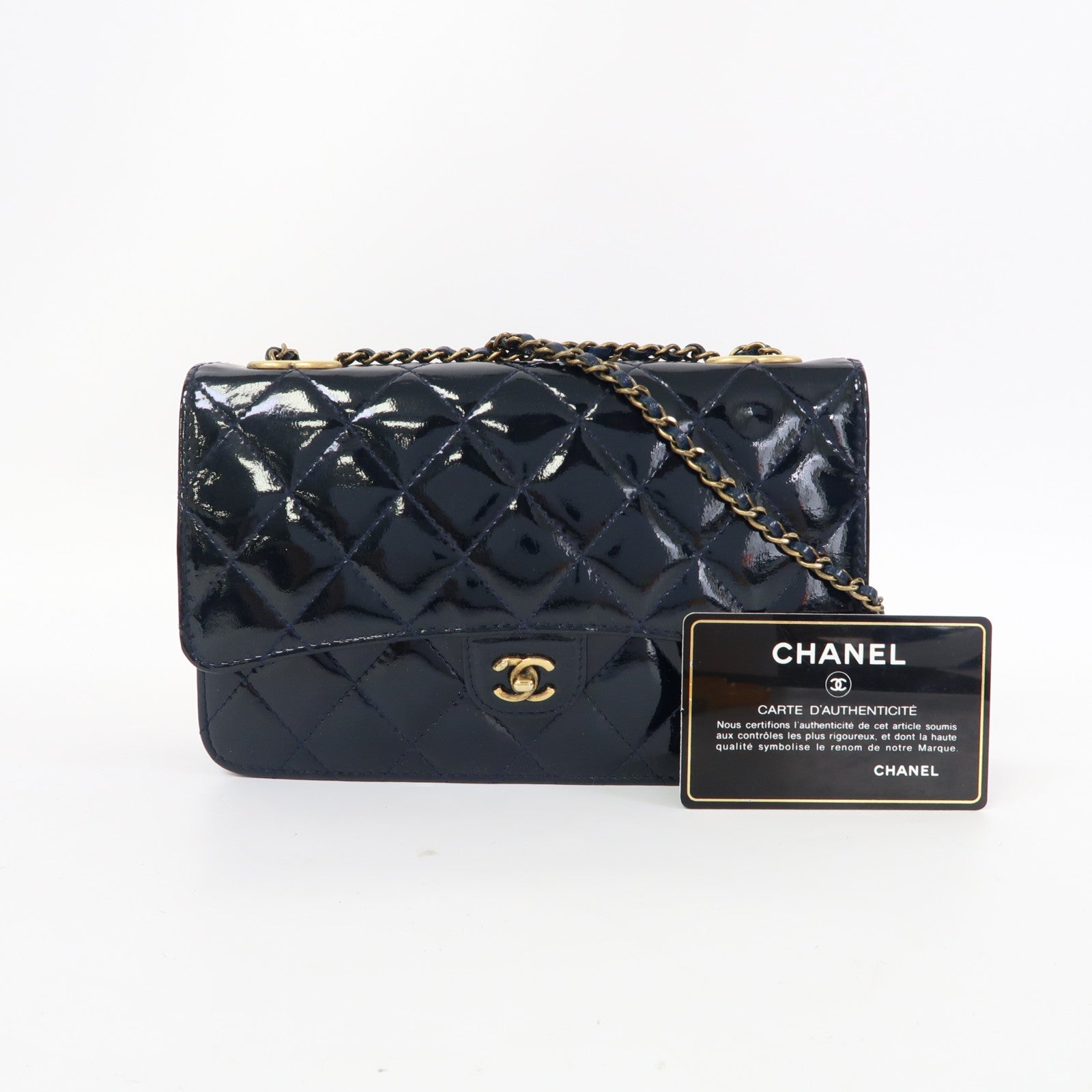 CHANEL 菱格漆皮皮革Chain Shoulder金扣鏈帶肩背袋藍色