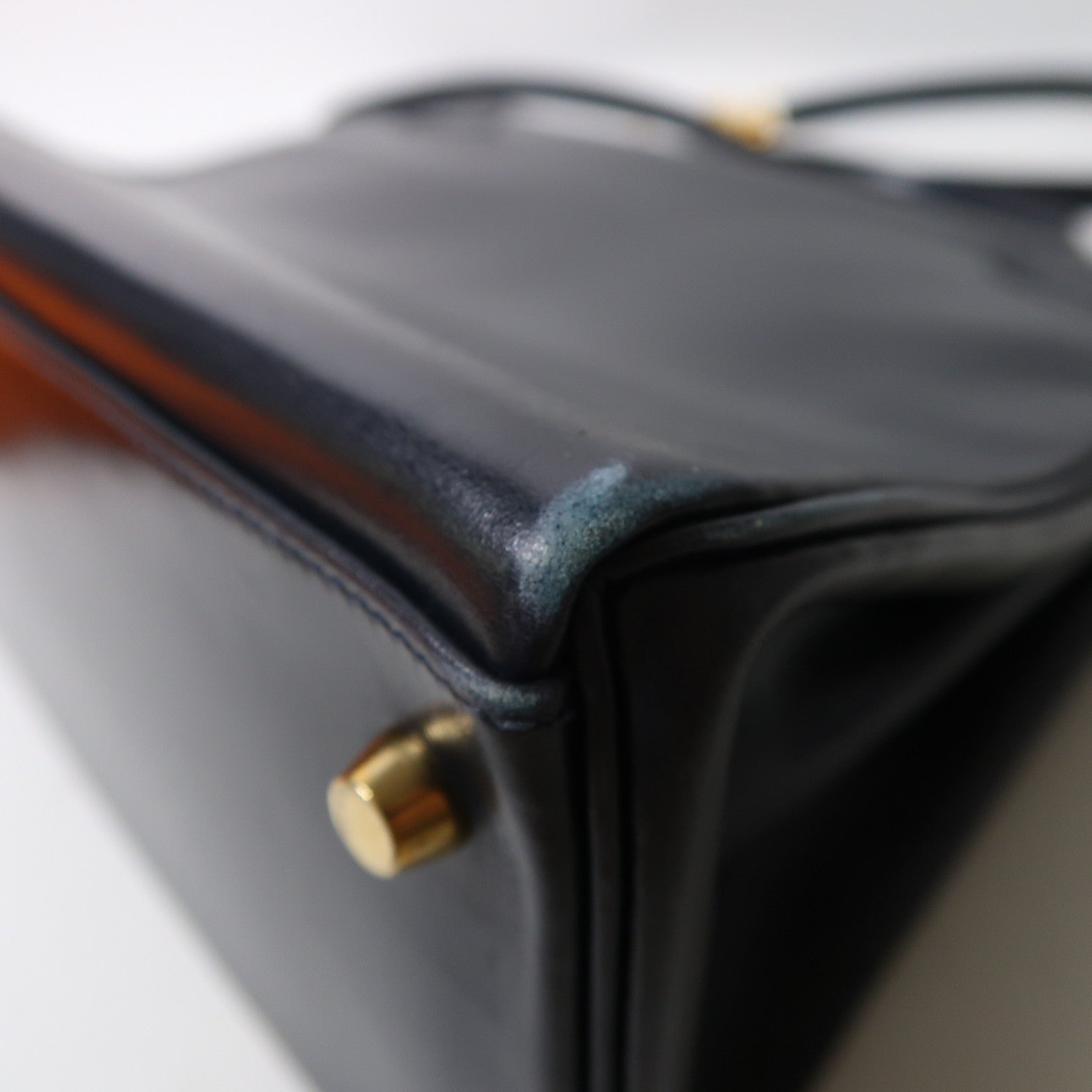 HERMES Box Calf皮革Kelly 32金釦手挽肩背兩用袋深藍色