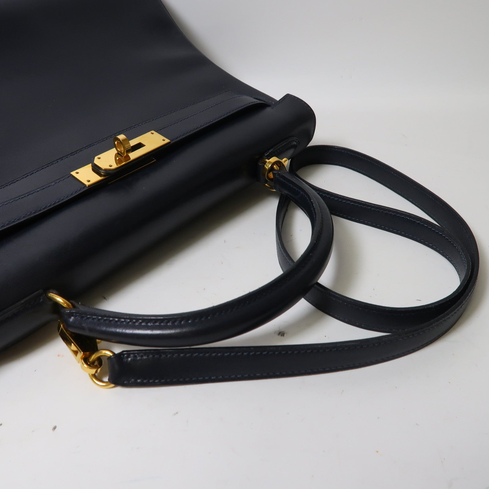 HERMES Box Calf皮革Kelly 32金釦手挽肩背兩用袋深藍色