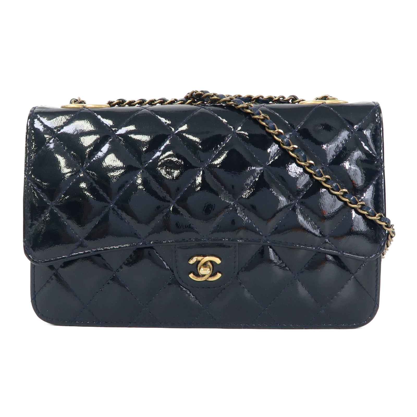 CHANEL 菱格漆皮皮革Chain Shoulder金扣鏈帶肩背袋藍色