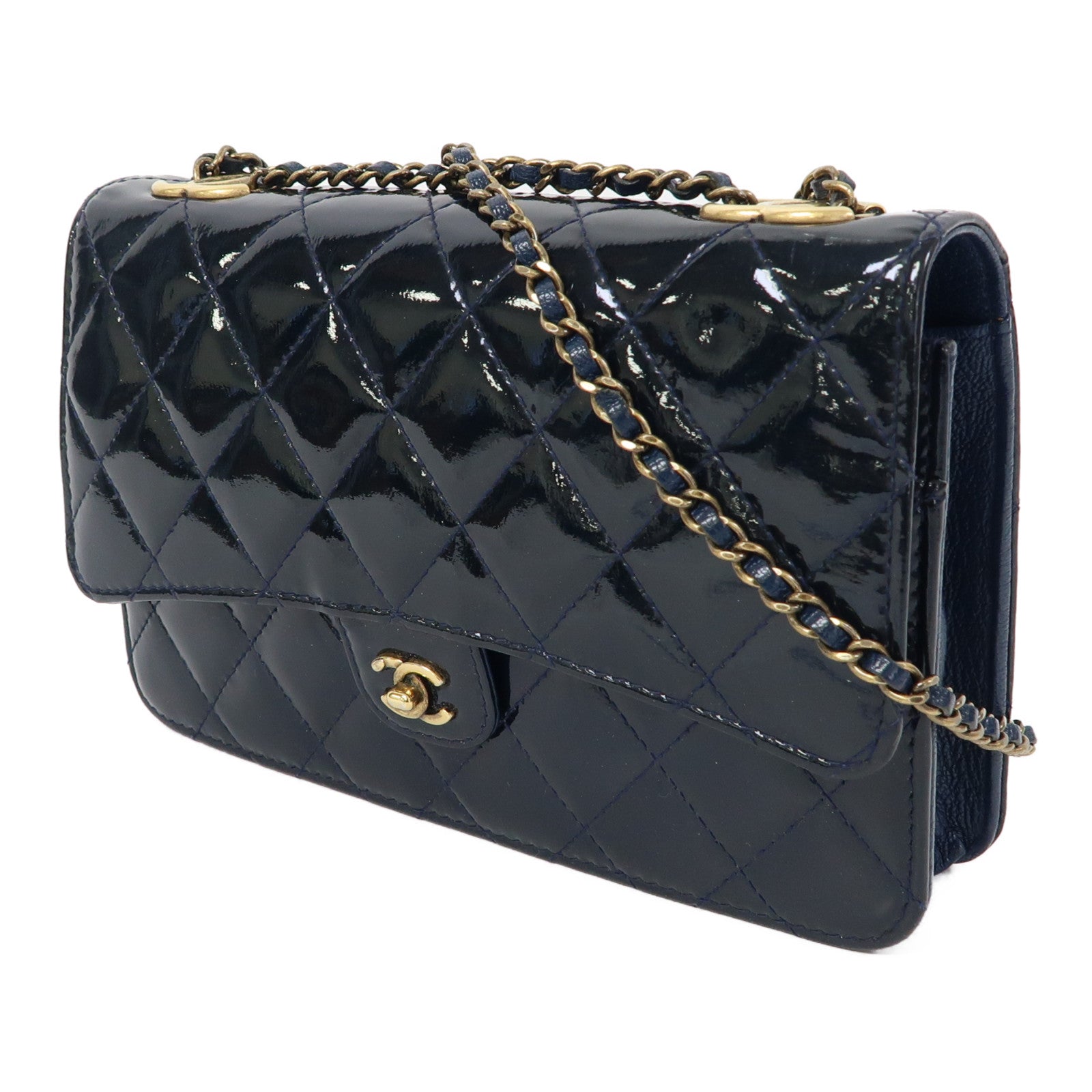 CHANEL 菱格漆皮皮革Chain Shoulder金扣鏈帶肩背袋藍色