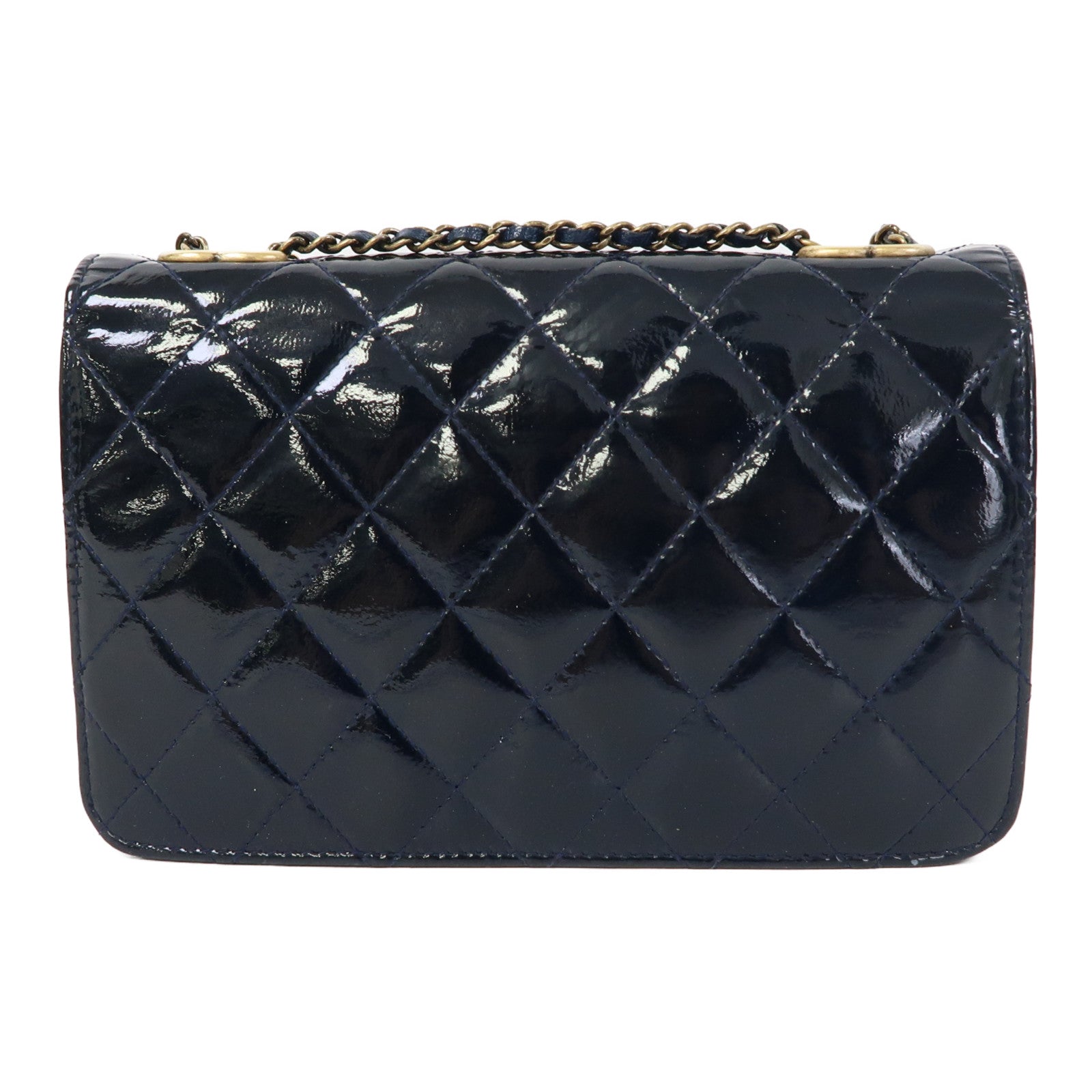 CHANEL 菱格漆皮皮革Chain Shoulder金扣鏈帶肩背袋藍色