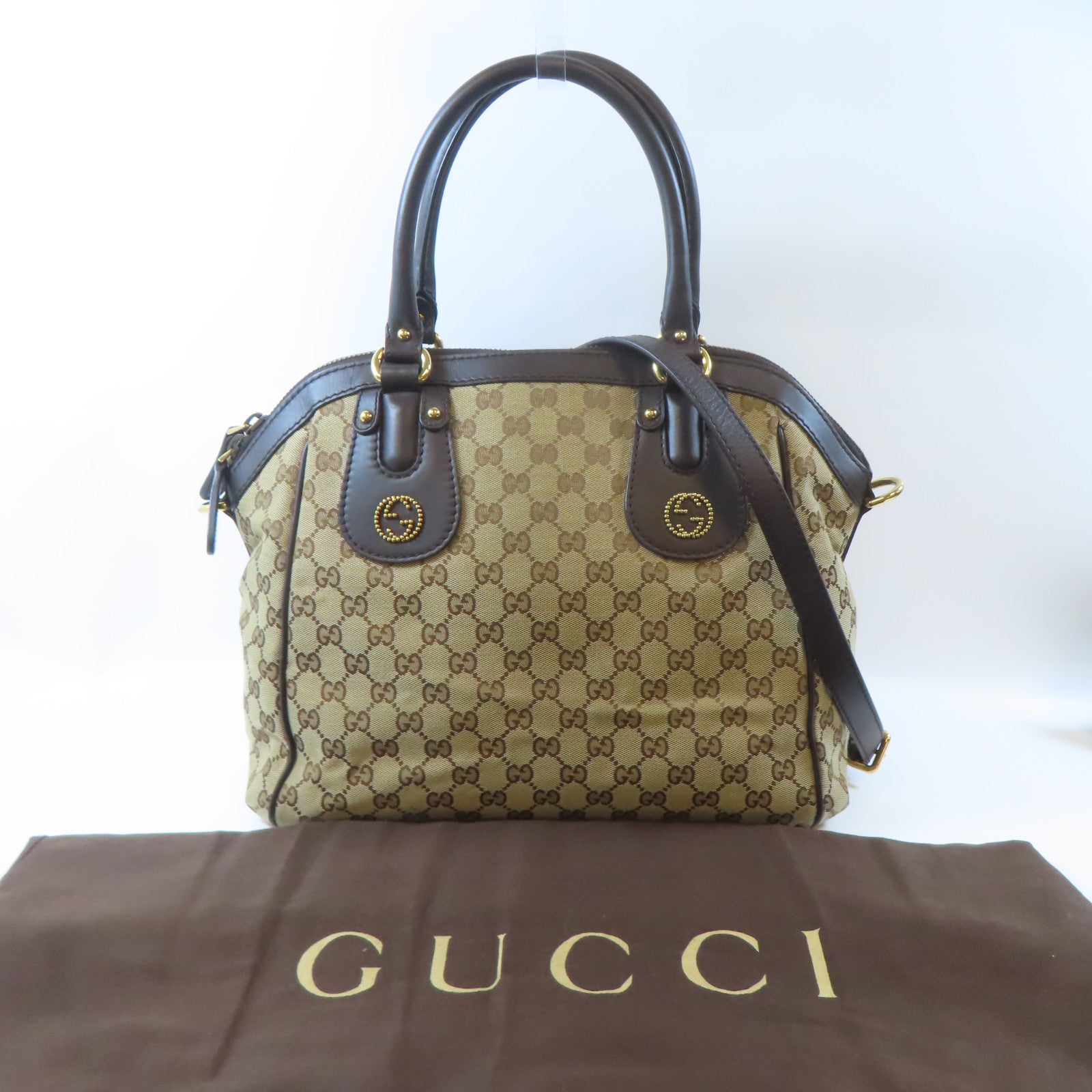 GUCCI 帆布Scarlett金扣手挽肩背兩用袋啡色