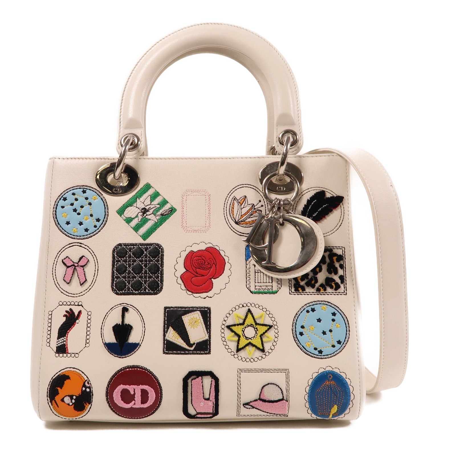 Dior 牛皮皮革Lady Dior Patch銀扣手挽肩背兩用袋白色