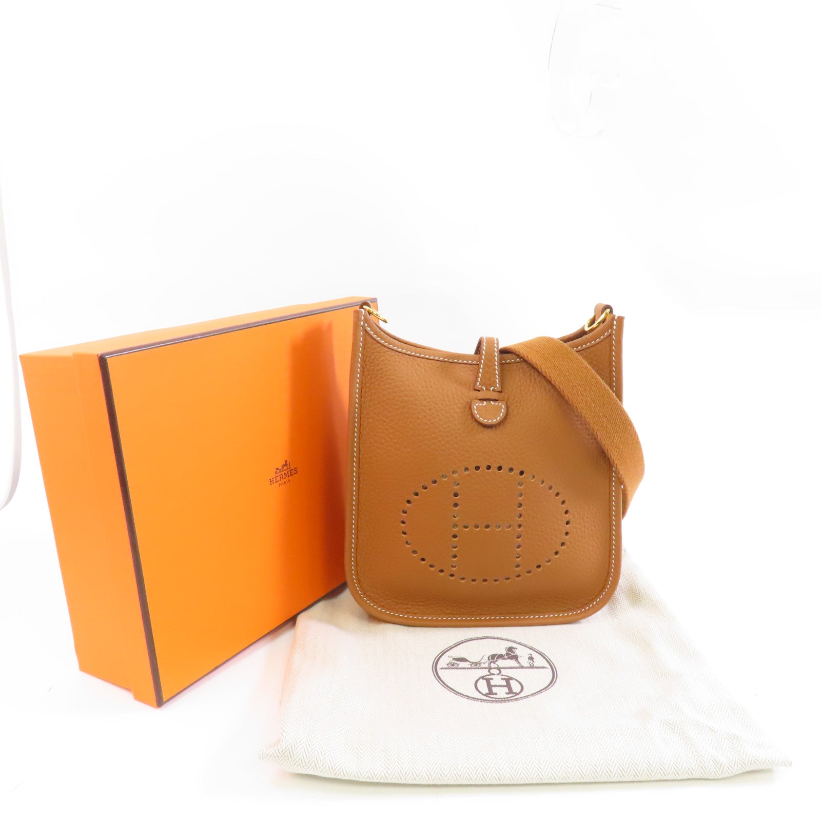 HERMES Clemence皮革Evelyne TPM金扣肩背袋Gold/棕色
