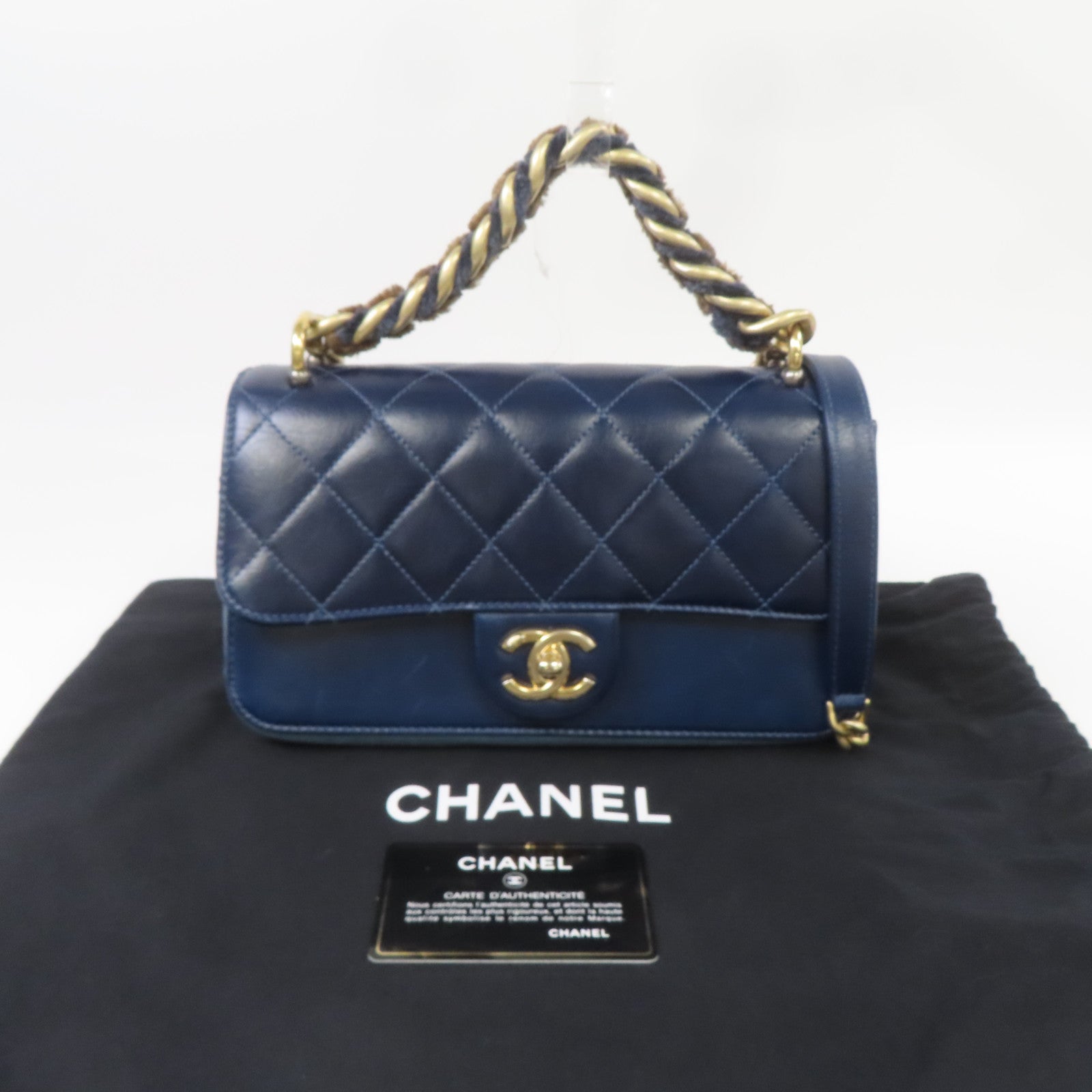 CHANEL 【激減優惠】菱格牛皮皮革Chain Shoulder金扣手挽肩背兩用袋深藍色