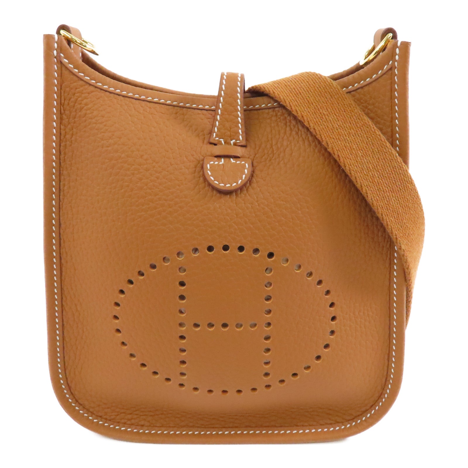 HERMES Clemence皮革Evelyne TPM金扣肩背袋Gold/棕色