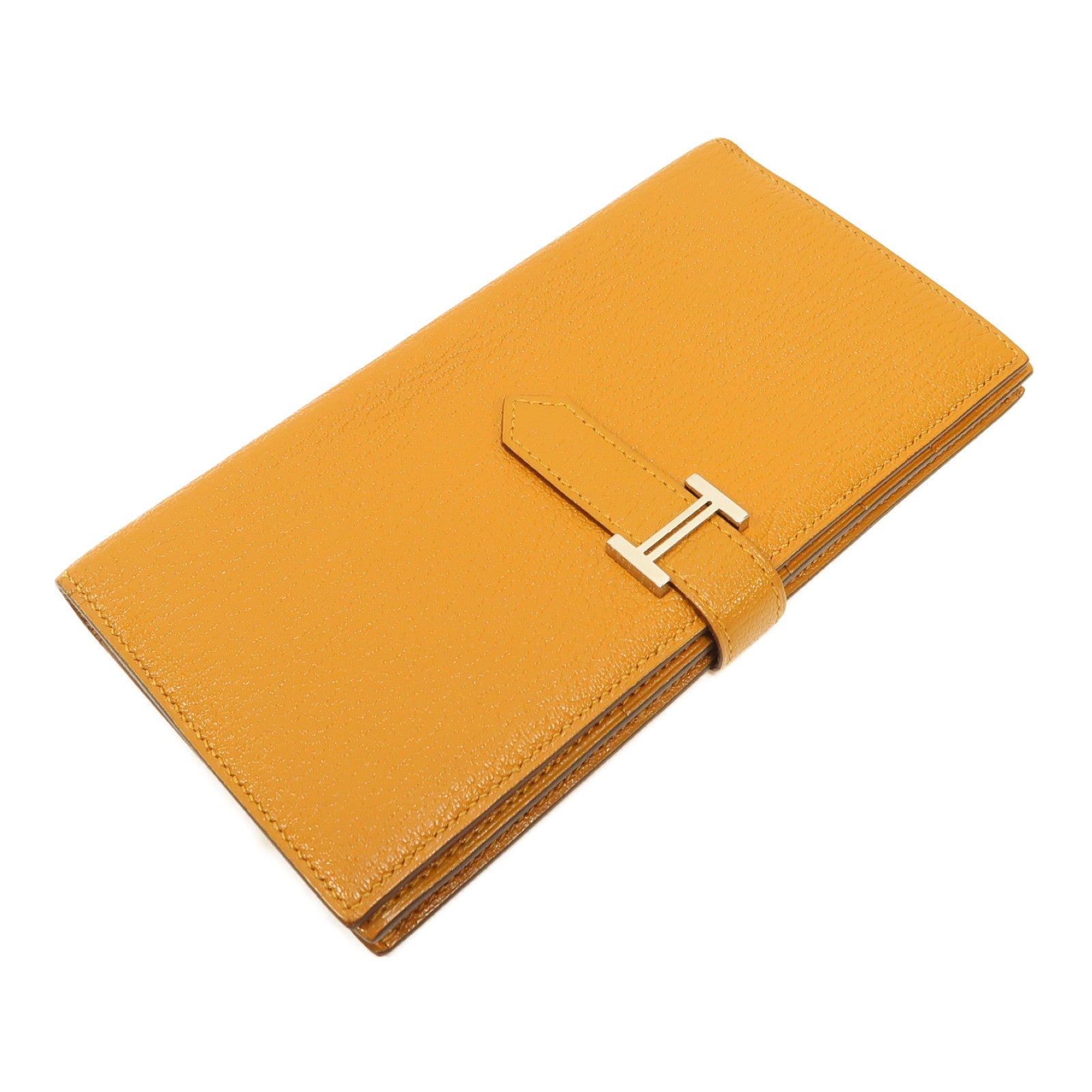 HERMES Chevre皮革Bearn Wallet銀扣長錢包Caramel/焦糖色
