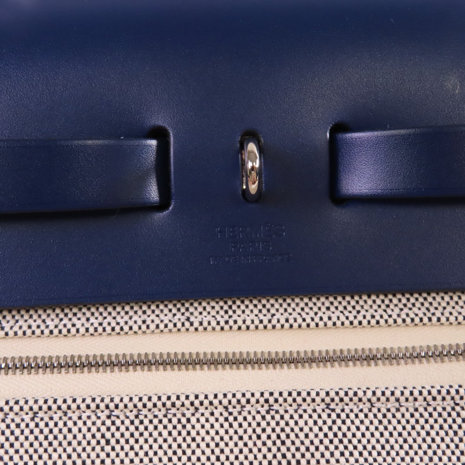 HERMES Brides De Gala Toile H帆布Herbag Zip Retourne PM銀扣手挽肩背兩用袋寶藍色/白色