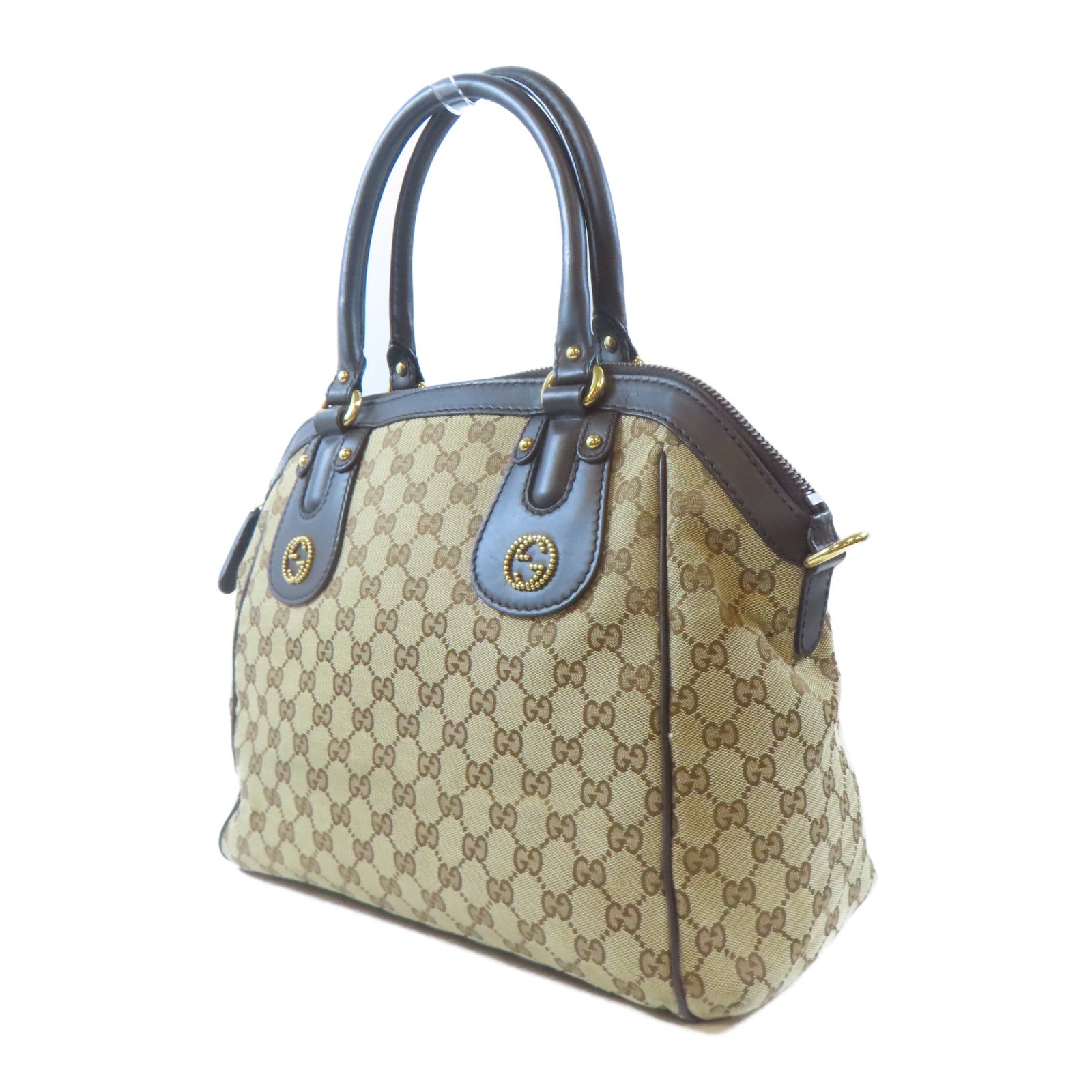 GUCCI 帆布Scarlett金扣手挽肩背兩用袋啡色