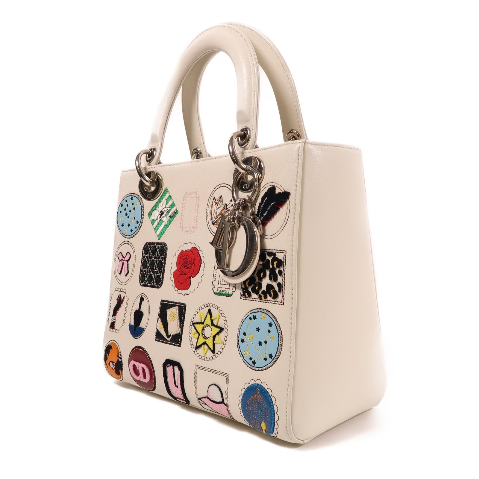 Dior 牛皮皮革Lady Dior Patch銀扣手挽肩背兩用袋白色
