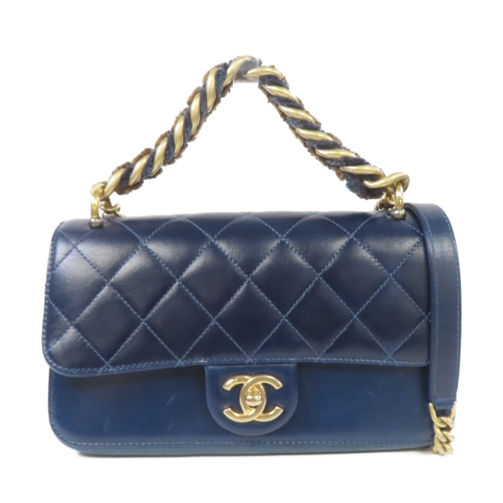 CHANEL 【激減優惠】菱格牛皮皮革Chain Shoulder金扣手挽肩背兩用袋深藍色