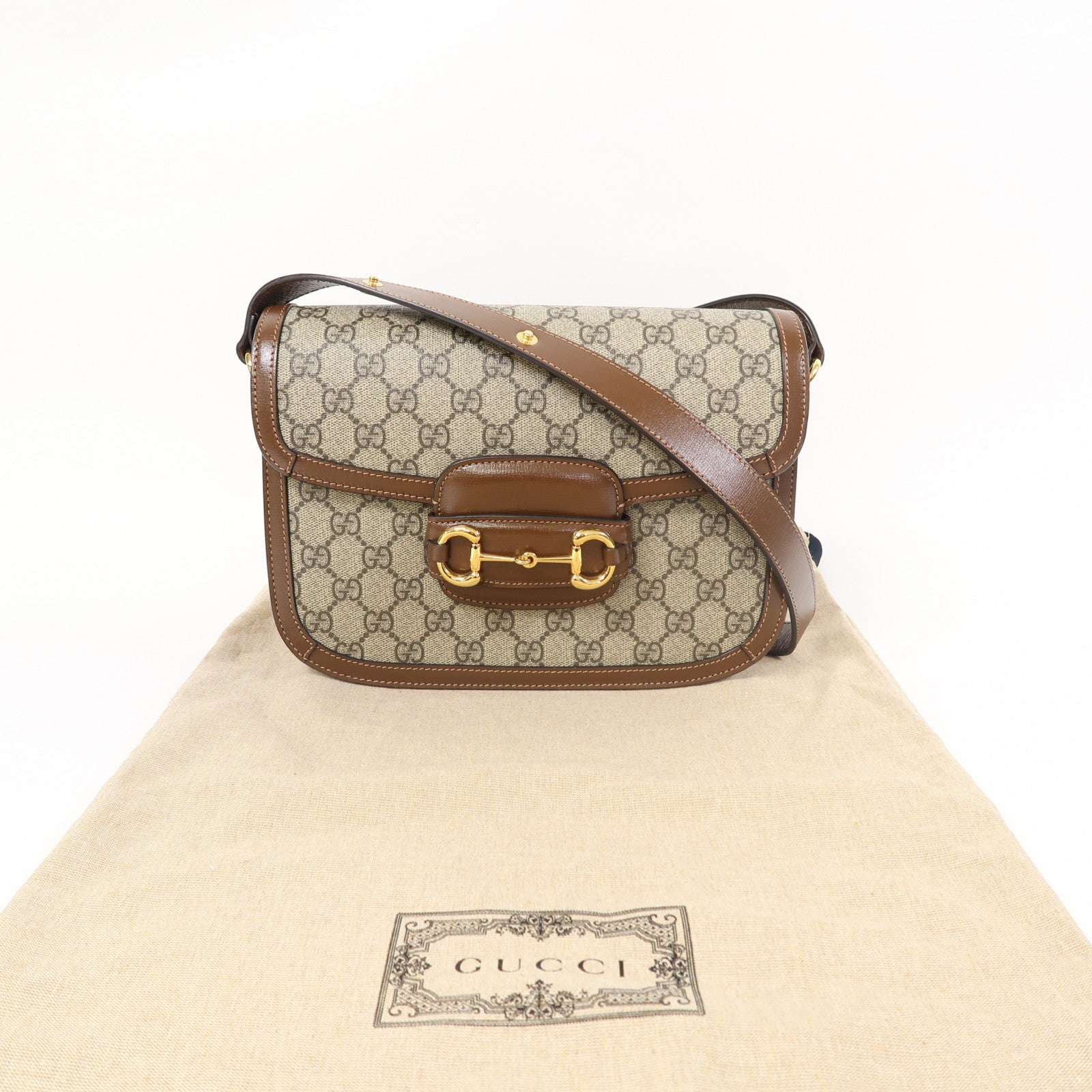 GUCCI 塗層帆布Horsebit 1955金扣肩背袋啡色