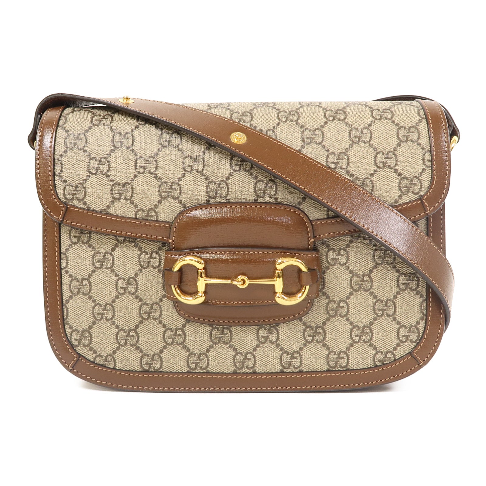 GUCCI 塗層帆布Horsebit 1955金扣肩背袋啡色