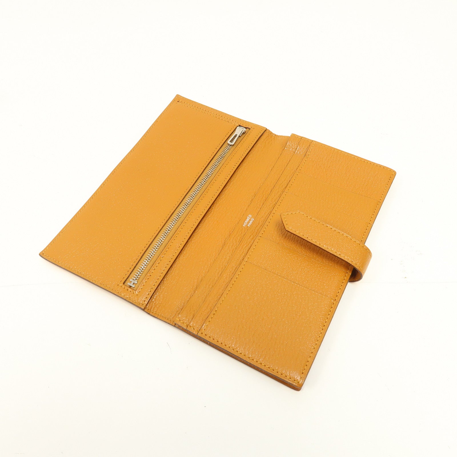 HERMES Chevre皮革Bearn Wallet銀扣長錢包Caramel/焦糖色