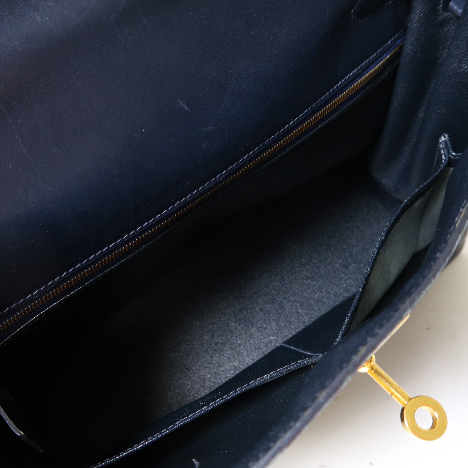 HERMES Box Calf皮革Kelly 32金釦手挽肩背兩用袋深藍色