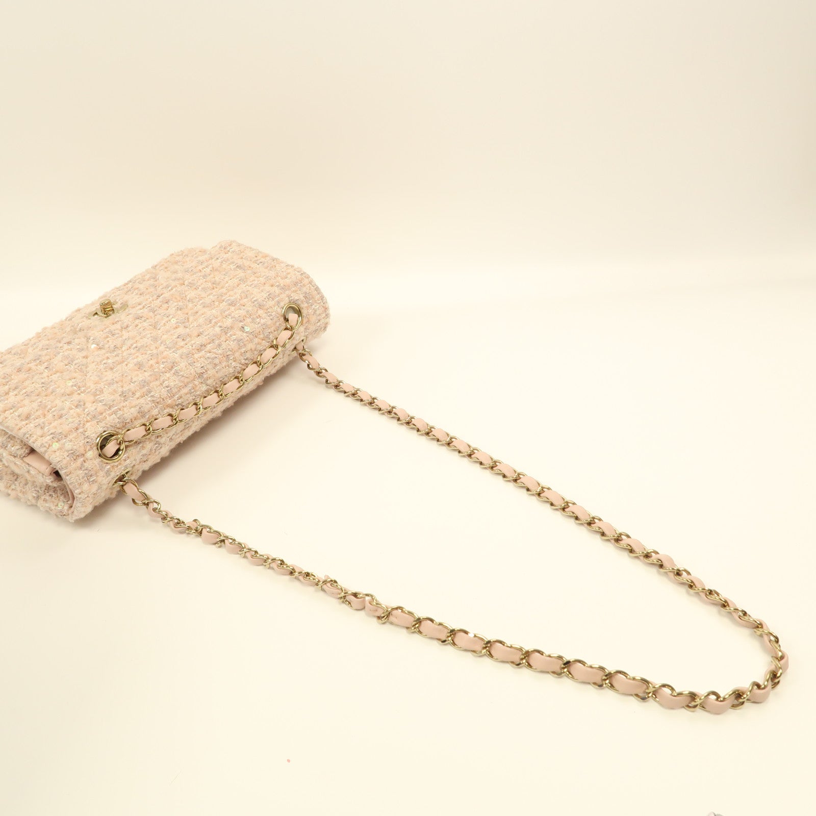 CHANEL 斜紋軟呢Classic 25金扣鏈帶肩背袋粉紅色