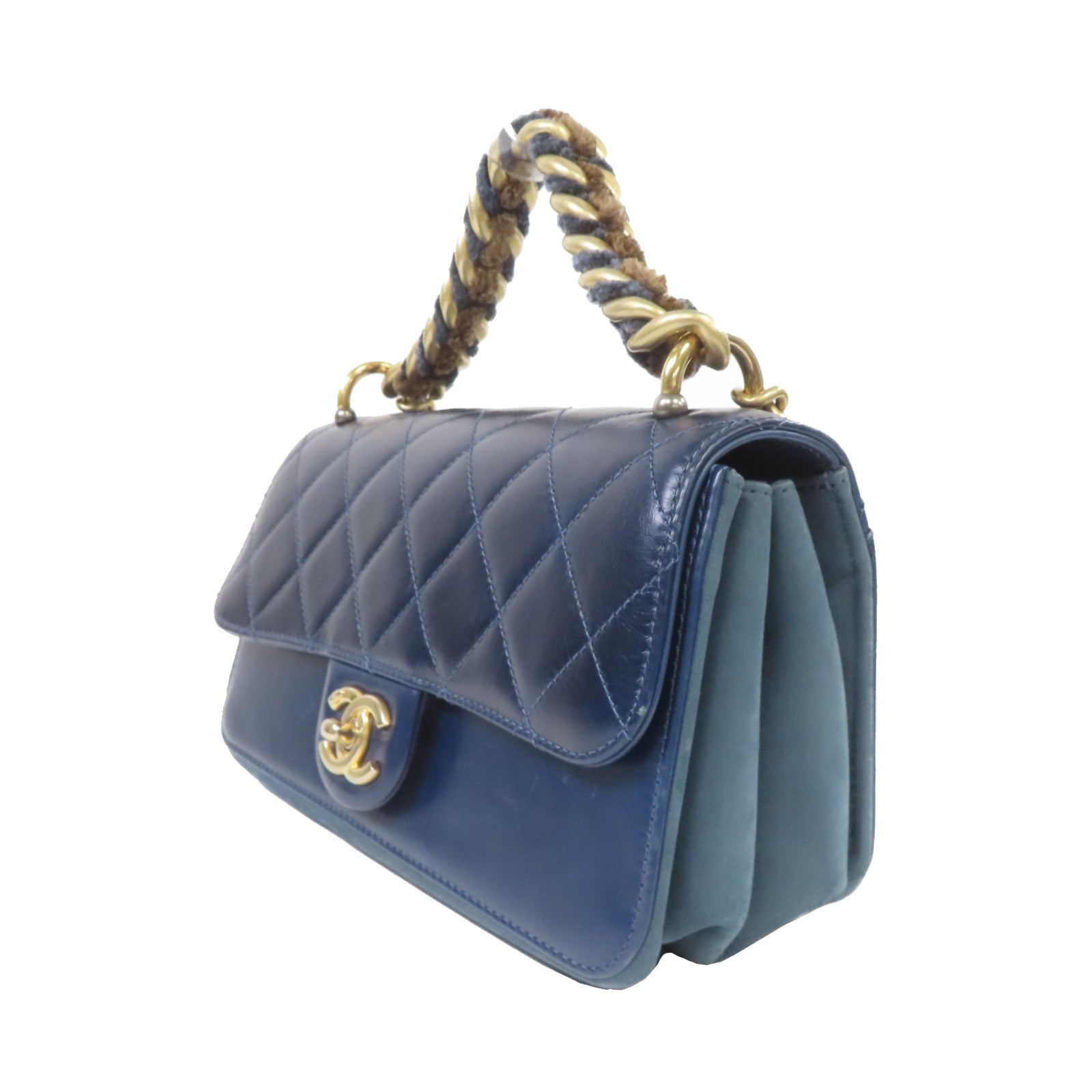 CHANEL 【激減優惠】菱格牛皮皮革Chain Shoulder金扣手挽肩背兩用袋深藍色
