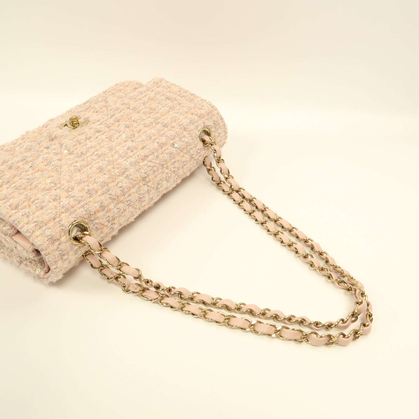 CHANEL 斜紋軟呢Classic 25金扣鏈帶肩背袋粉紅色