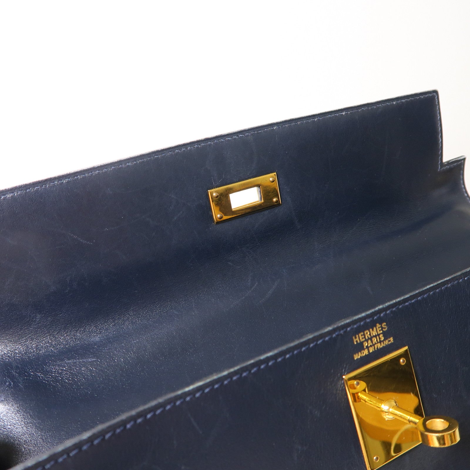HERMES Box Calf皮革Kelly 32金釦手挽肩背兩用袋深藍色